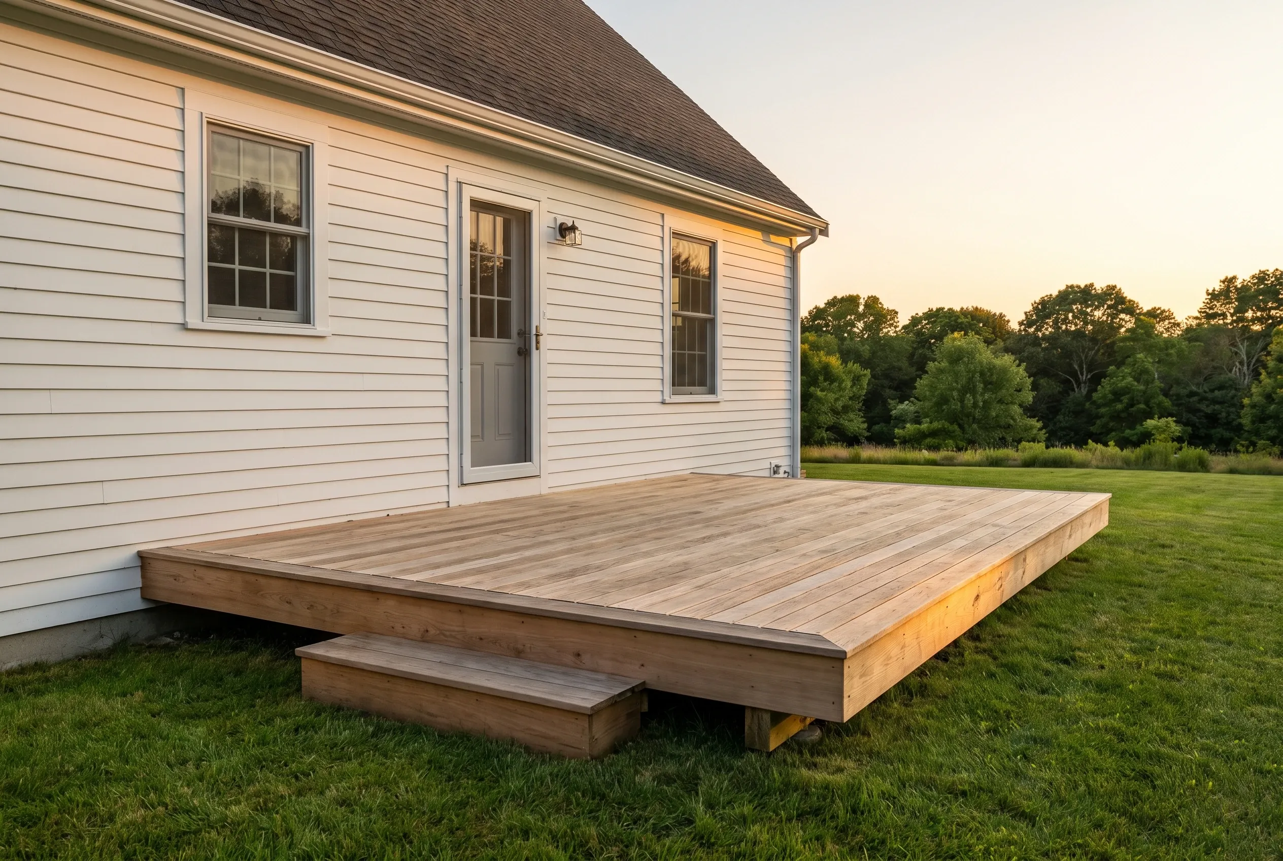 Low wood deck with a front step outside a white clapboard house door, lawn and tree line in evening light.