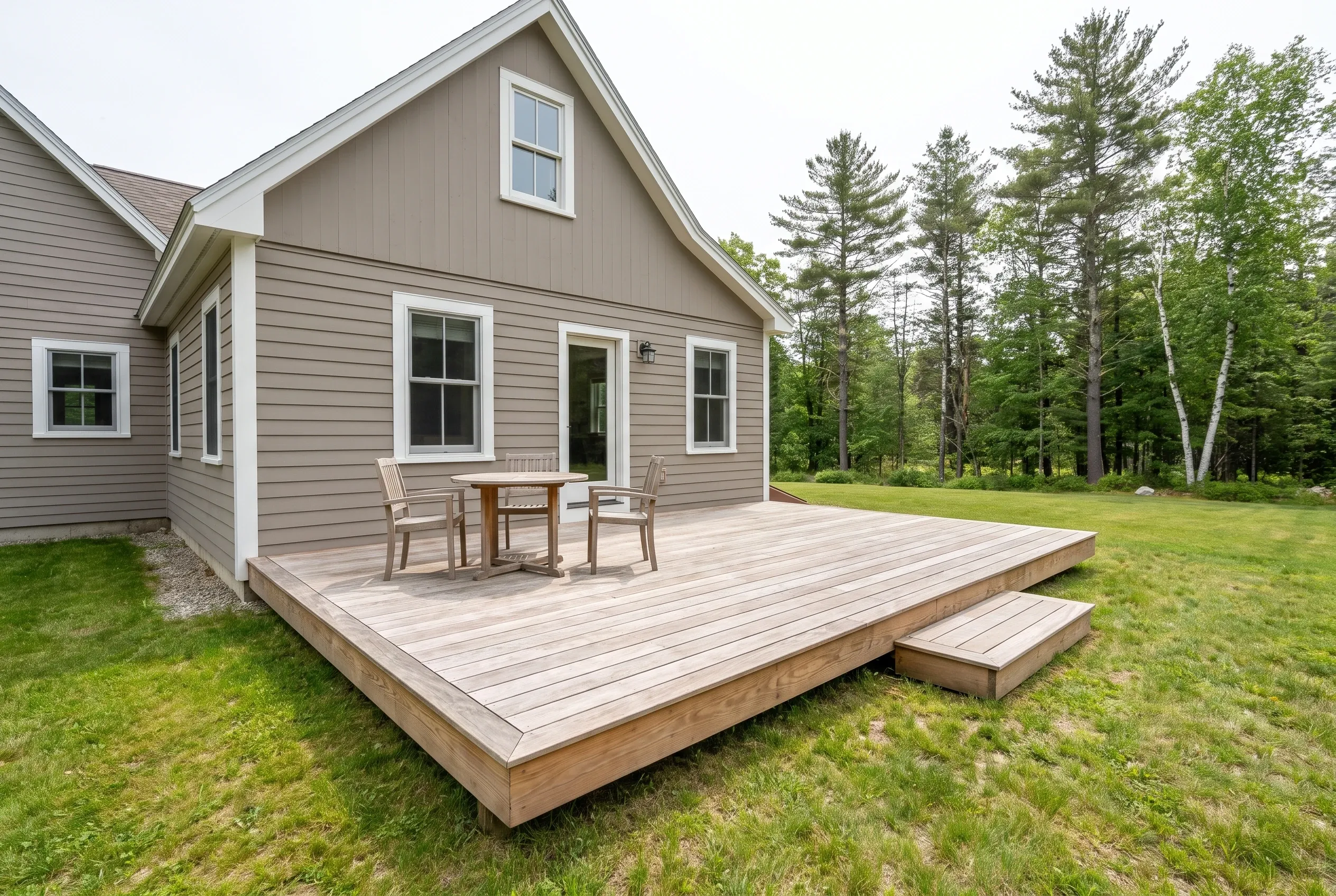 Low light-toned board deck with a step, a small table, and four chairs behind a taupe sided house near pine trees