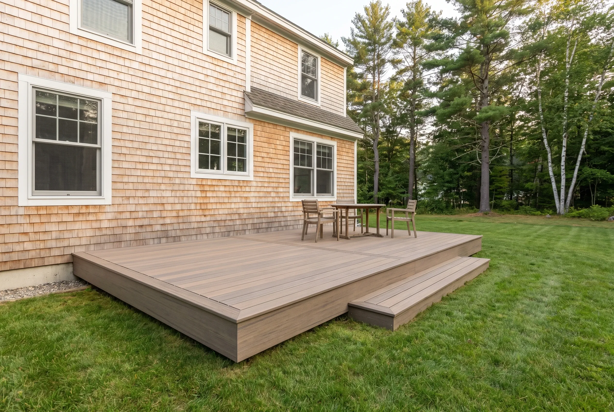 Deck builders in Limington, ME: low brown board deck with front steps, table and chairs, beside a cedar shingled two-story house