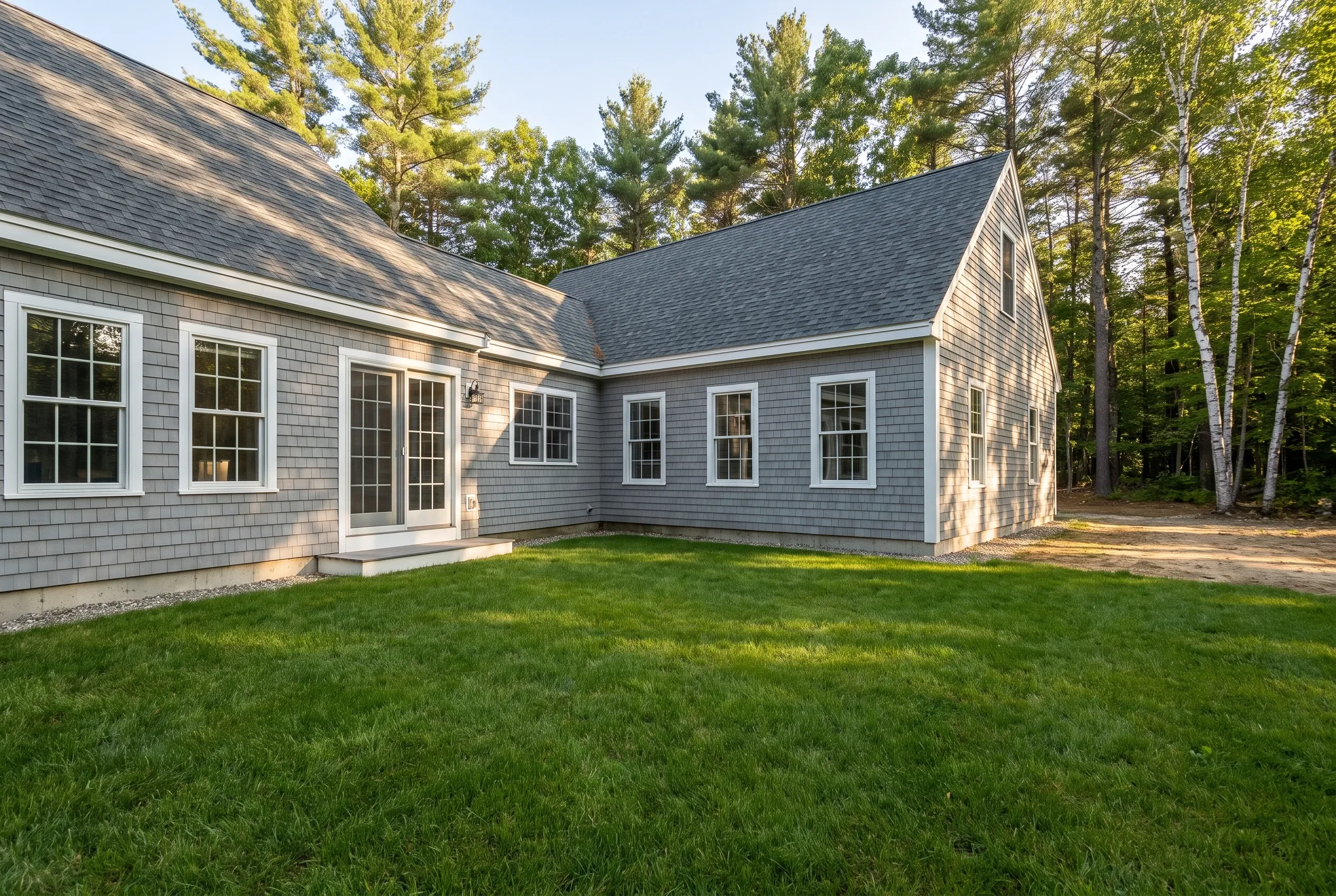 Gray shingled L-shaped house with white trim windows and a sliding door, an open lawn, and tall trees behind