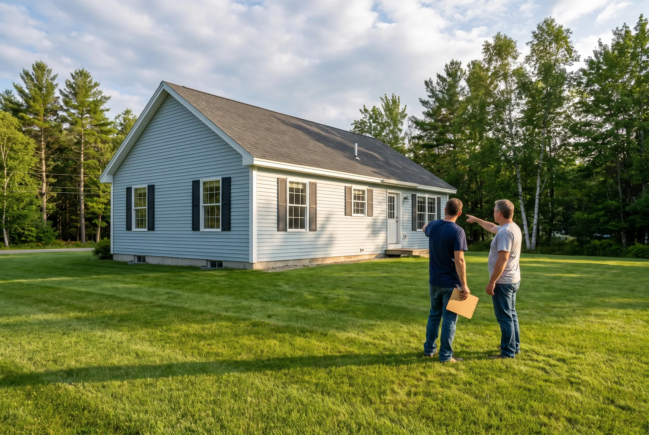Two men standing on a lawn near a light blue house with black shutters; one points at the house, one holds papers