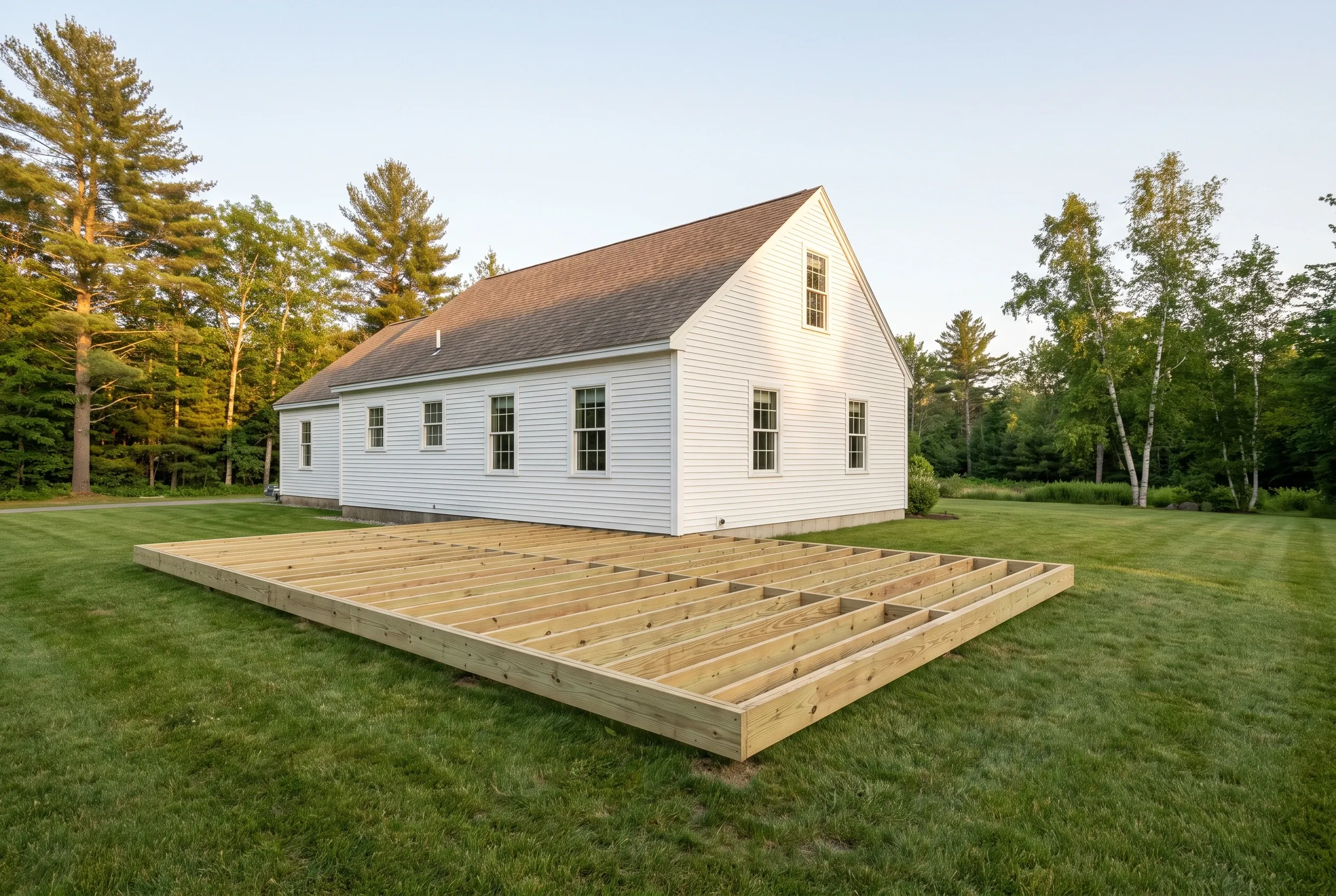 Rectangular unsheathed lumber deck frame with joists resting on a lawn in front of a white house with trees