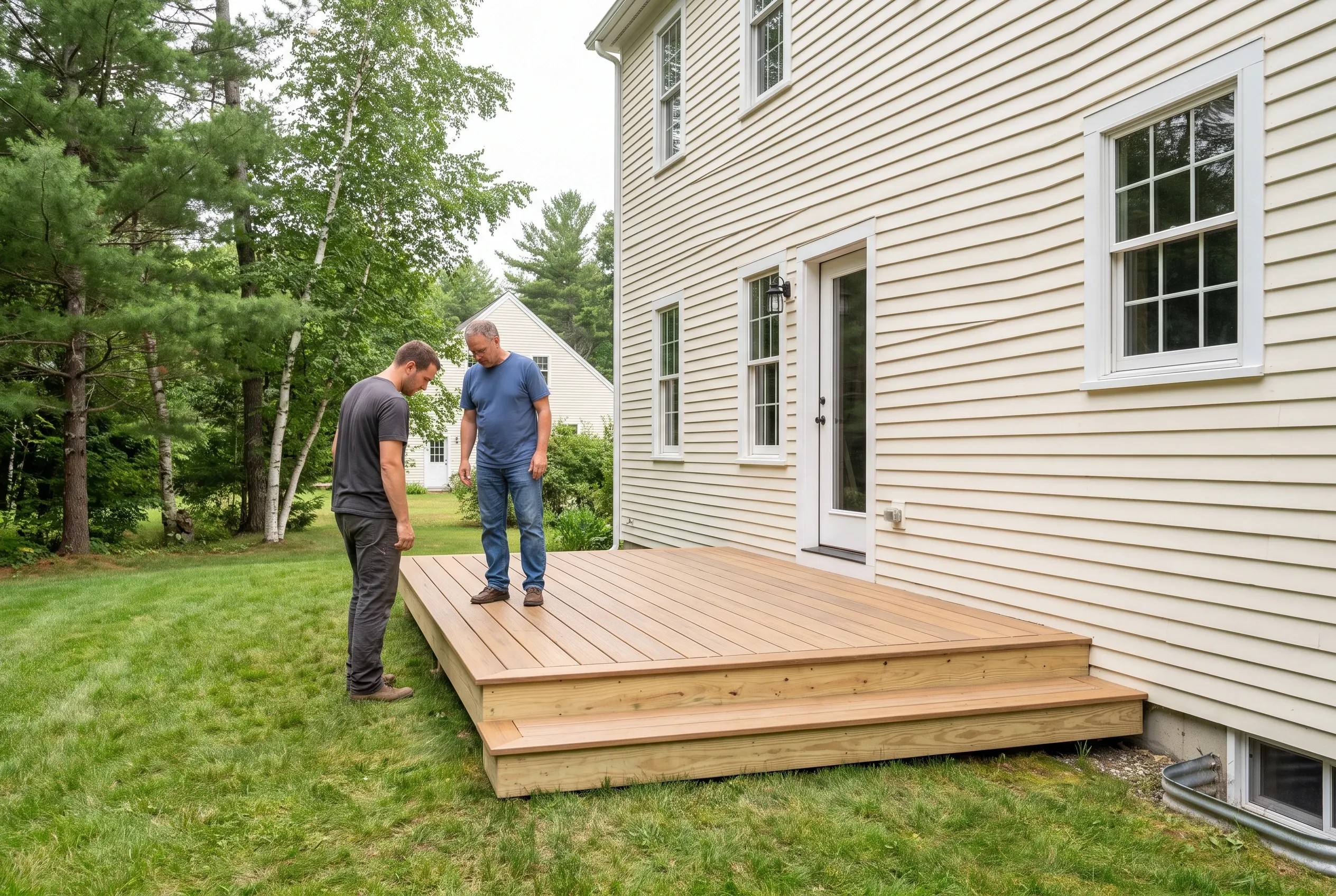 Two men reviewing a low wood-toned deck with wraparound steps beside a white clapboard house on a grassy lot