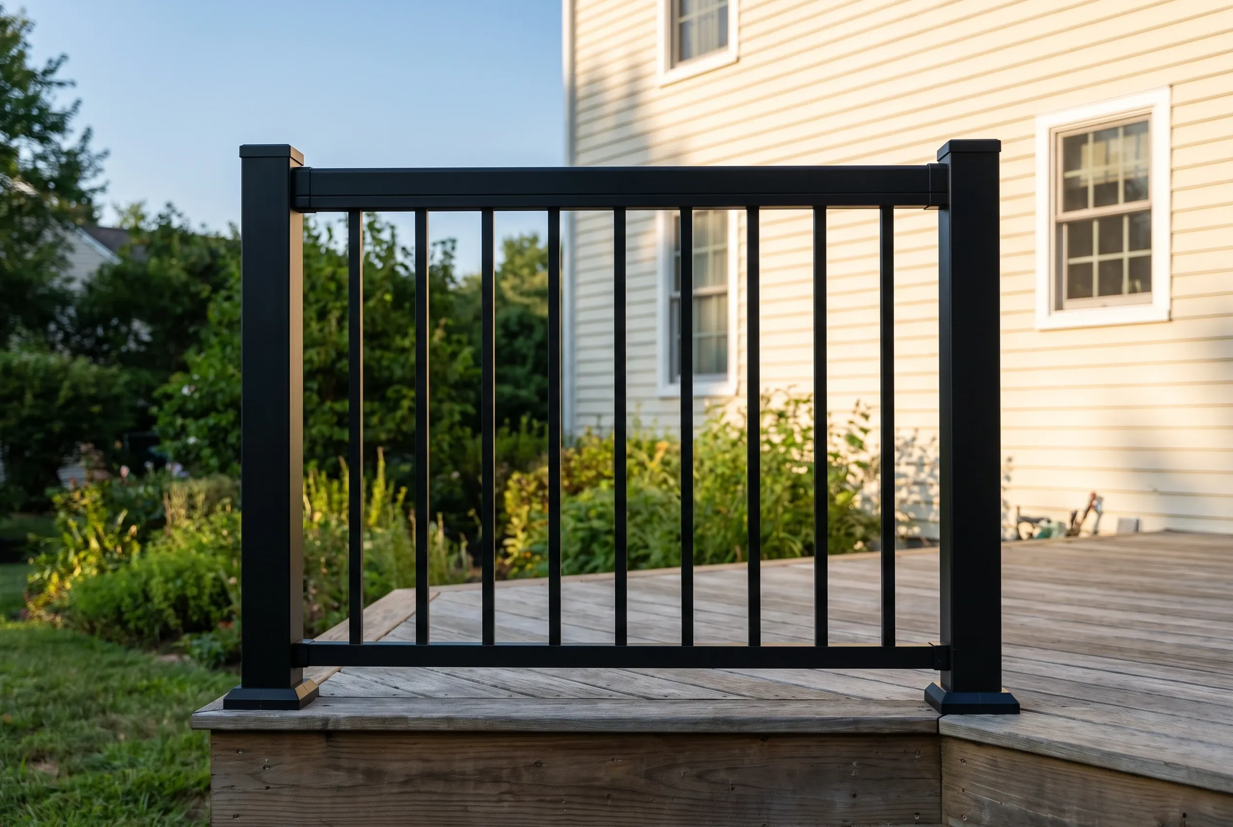 Close view of a black metal railing section with square posts and vertical balusters on a weathered wood deck edge