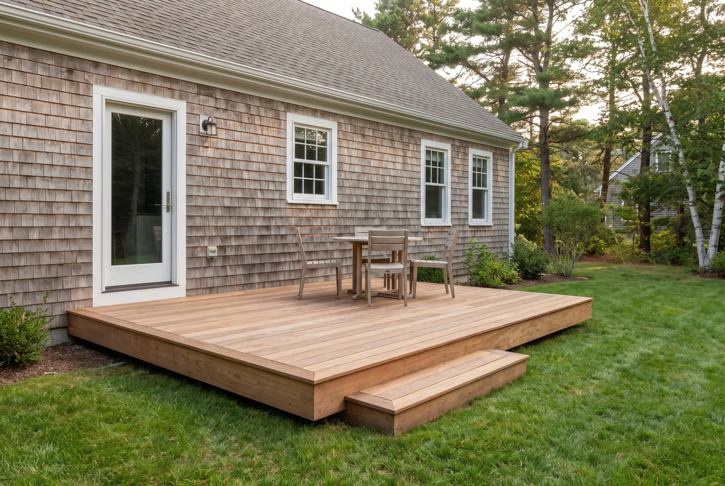Low wood-toned deck with a single step behind a shingled house, holding a small table and chairs on a lawn