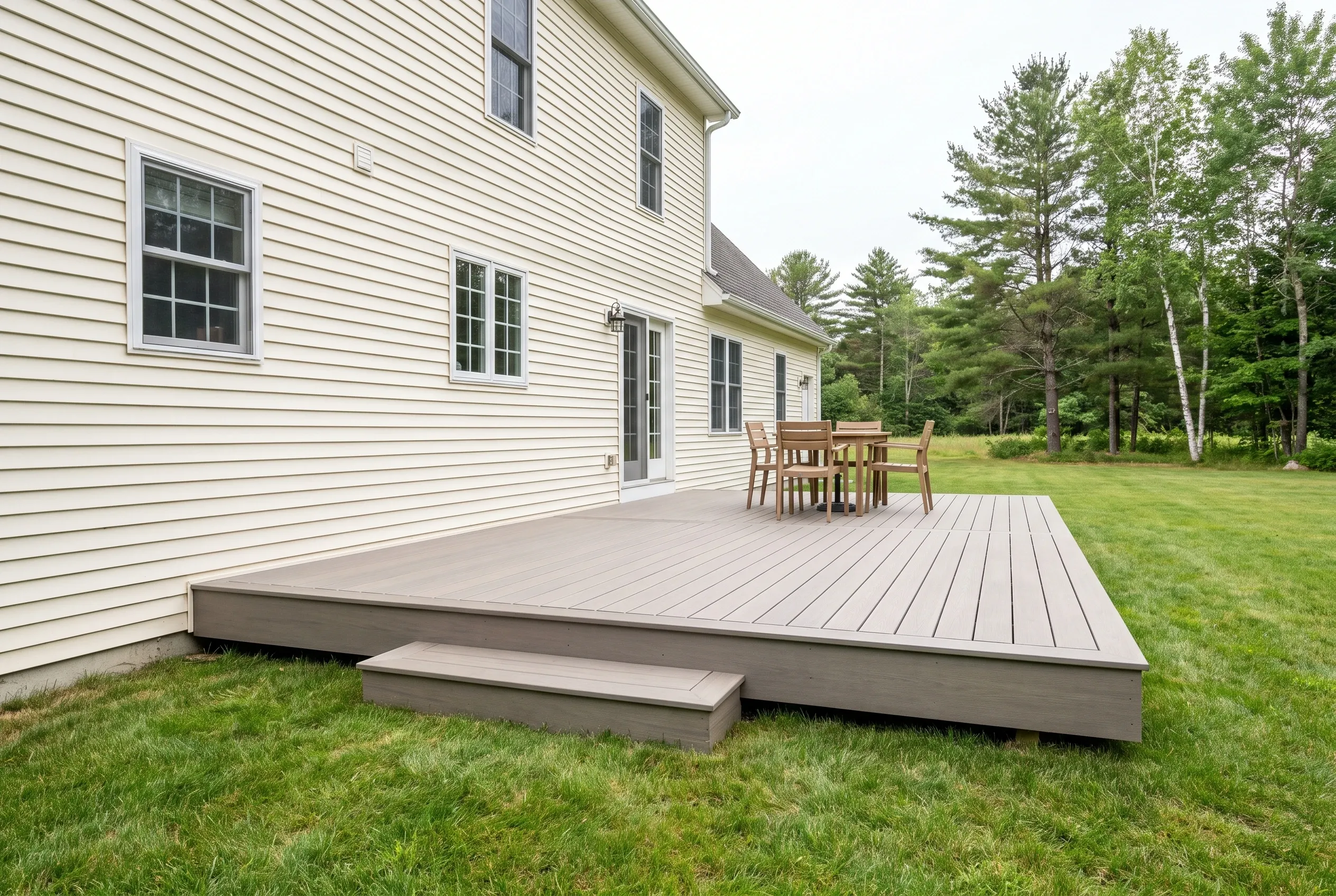 Deck builders in Long Island, ME: low gray deck with a single step behind a white sided house, table and chairs on top