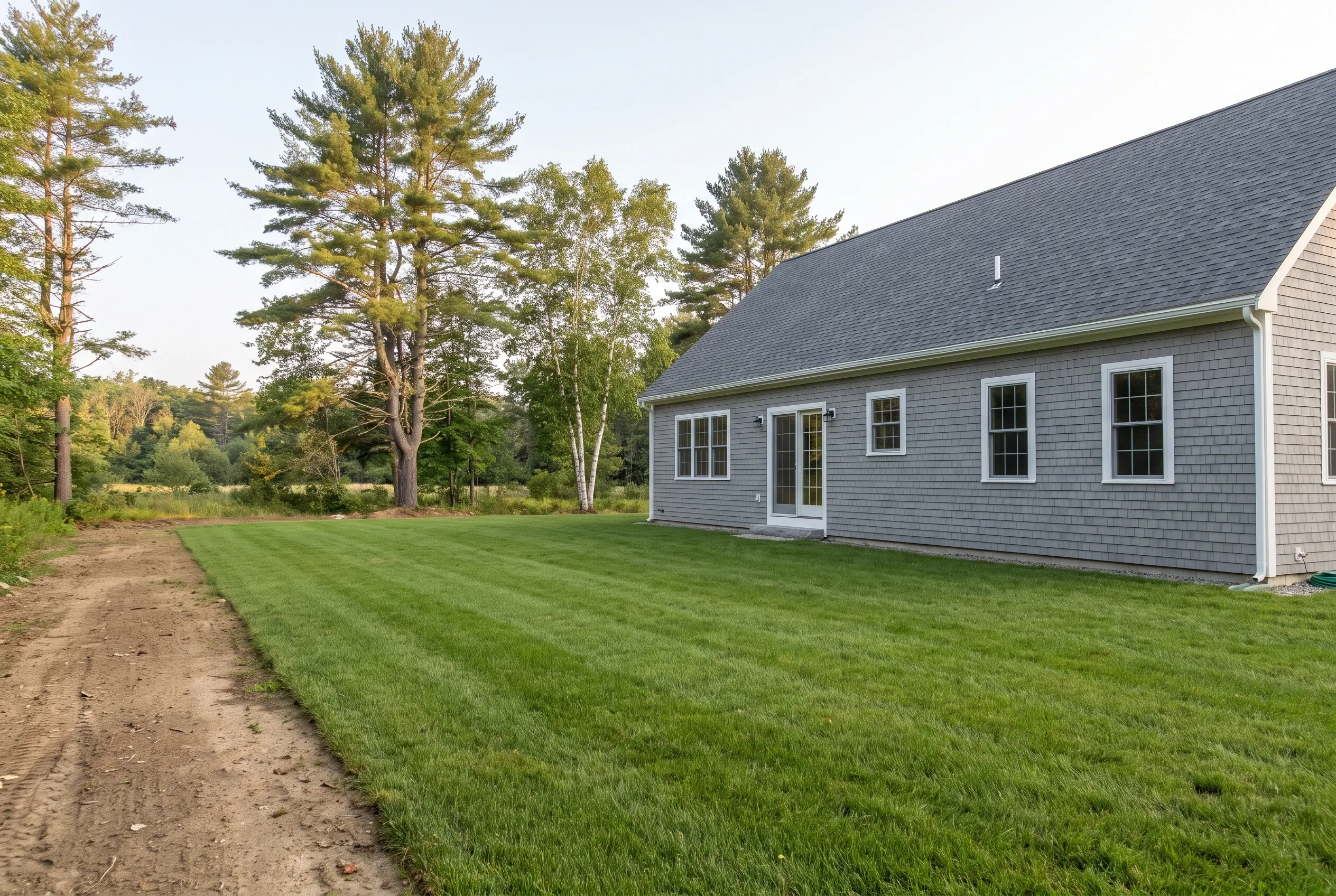 Open lawn behind a gray sided house with a dirt path along one edge, no deck present, surrounded by pine trees