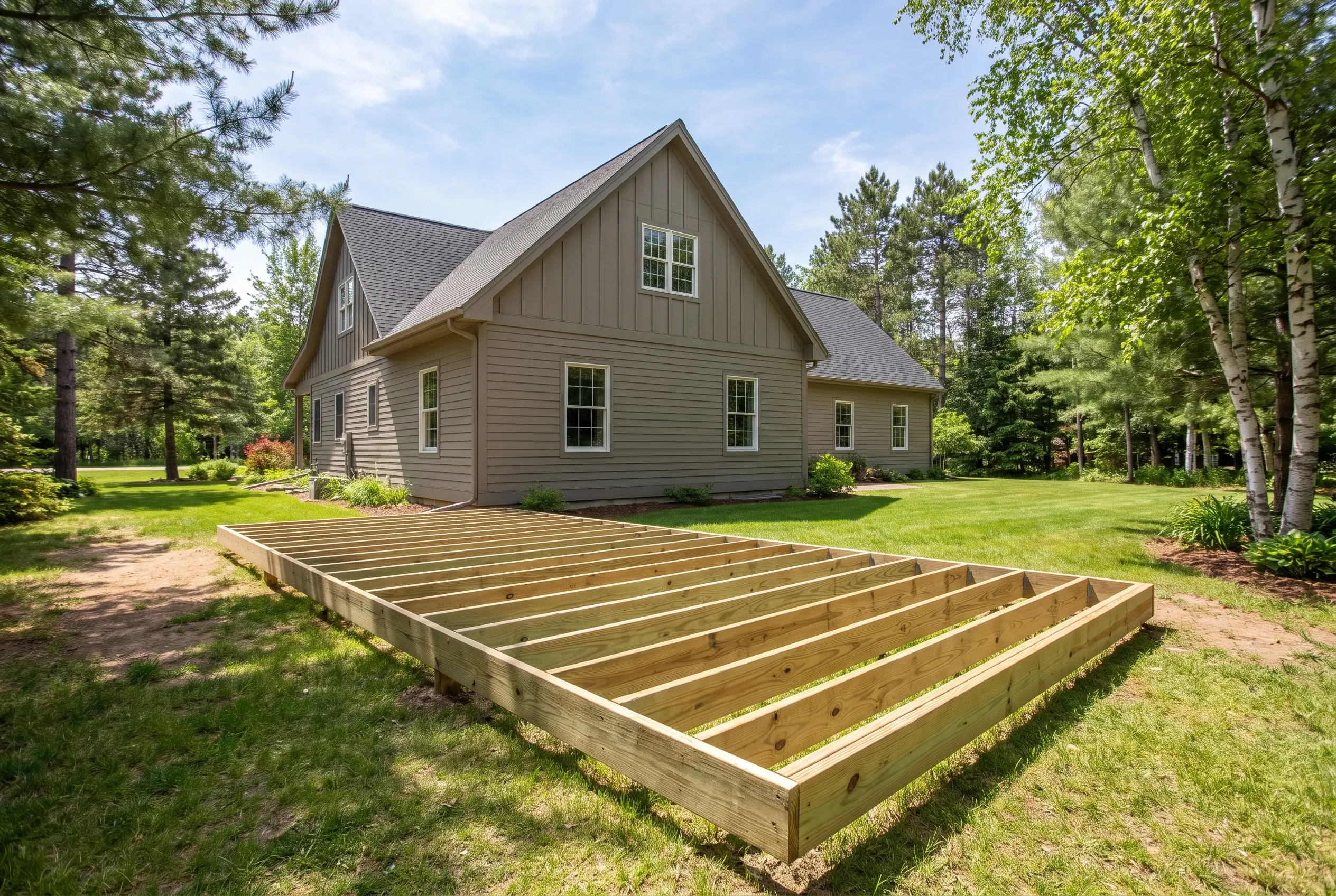 Undecked rectangular wood frame with evenly spaced joists sitting low on a lawn near a brown house, no decking boards installed