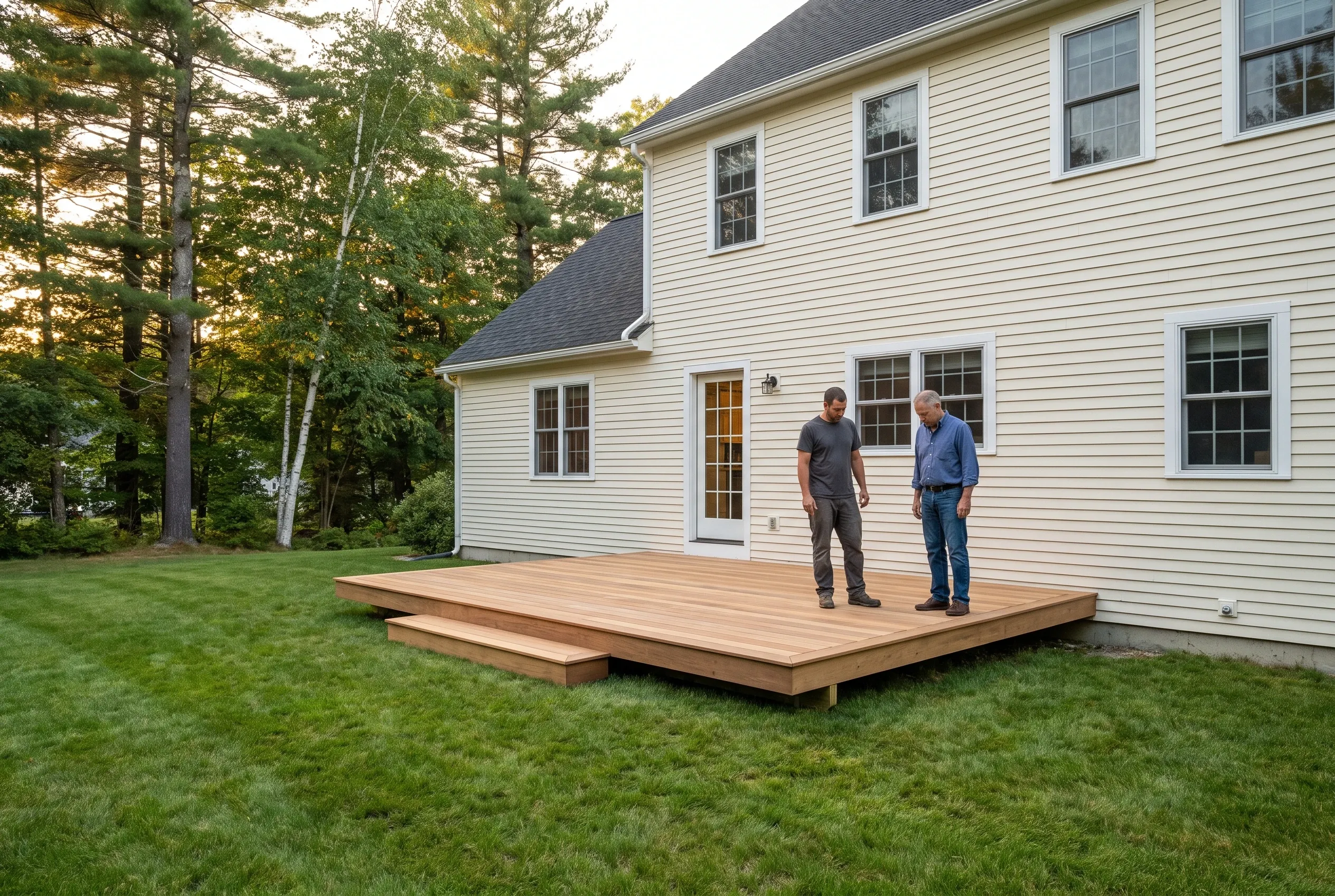 Two men stand talking on a finished low wood deck with steps behind a cream sided two-story house