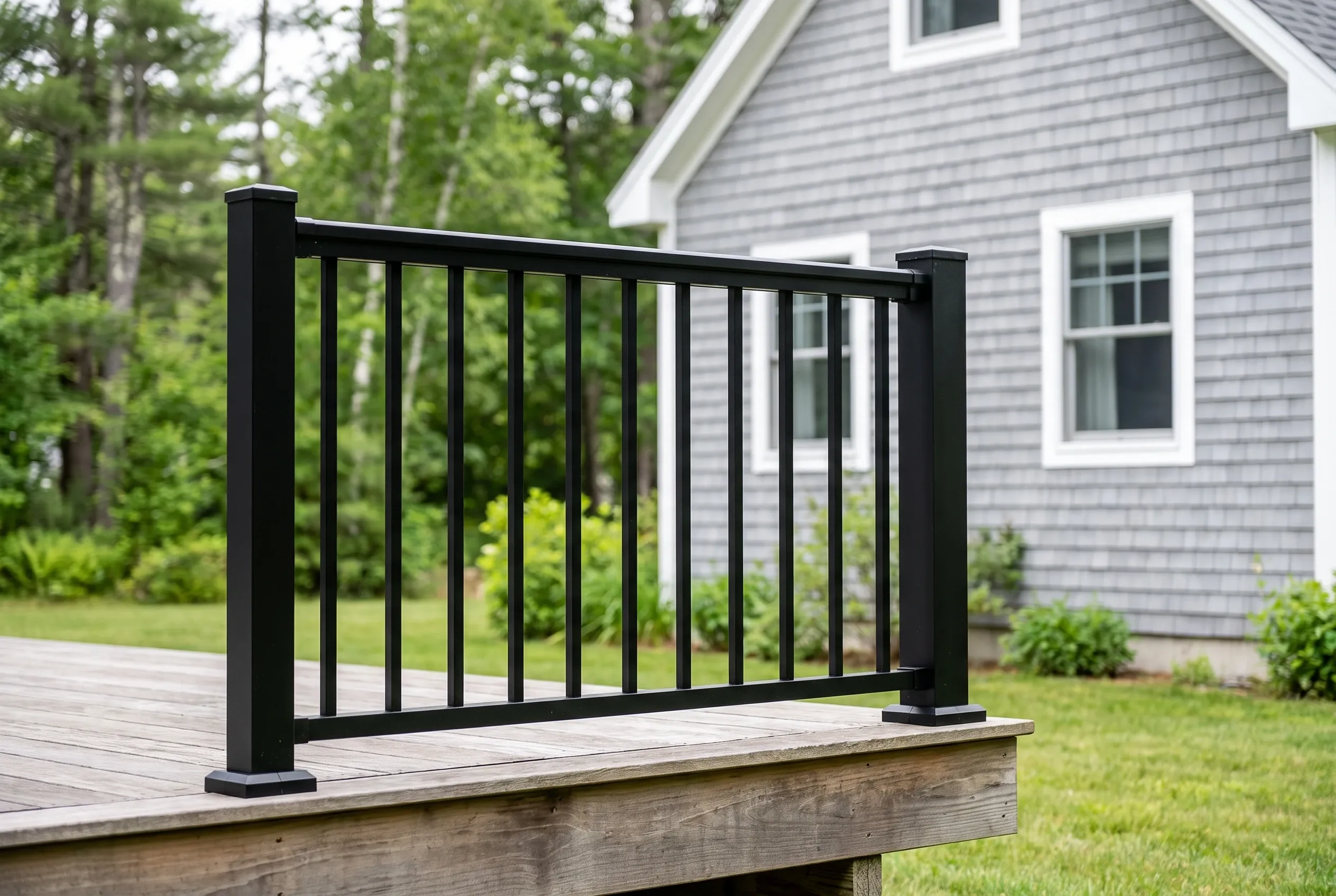 Black metal railing section with vertical balusters mounted along the edge of a weathered wood deck near a gray-shingled house