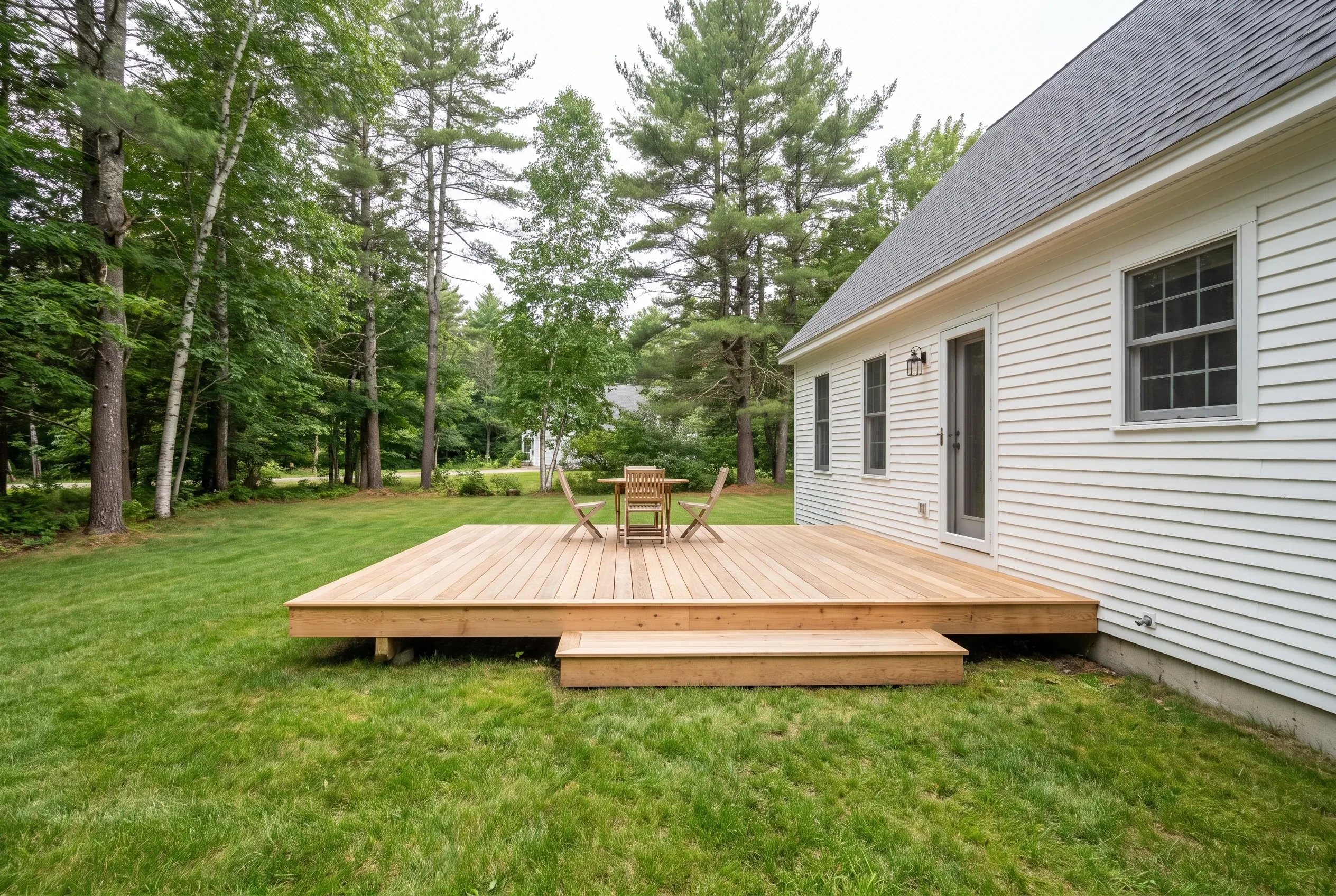 Low wood deck with table and chairs and a wide step beside a white clapboard house on a wooded lawn