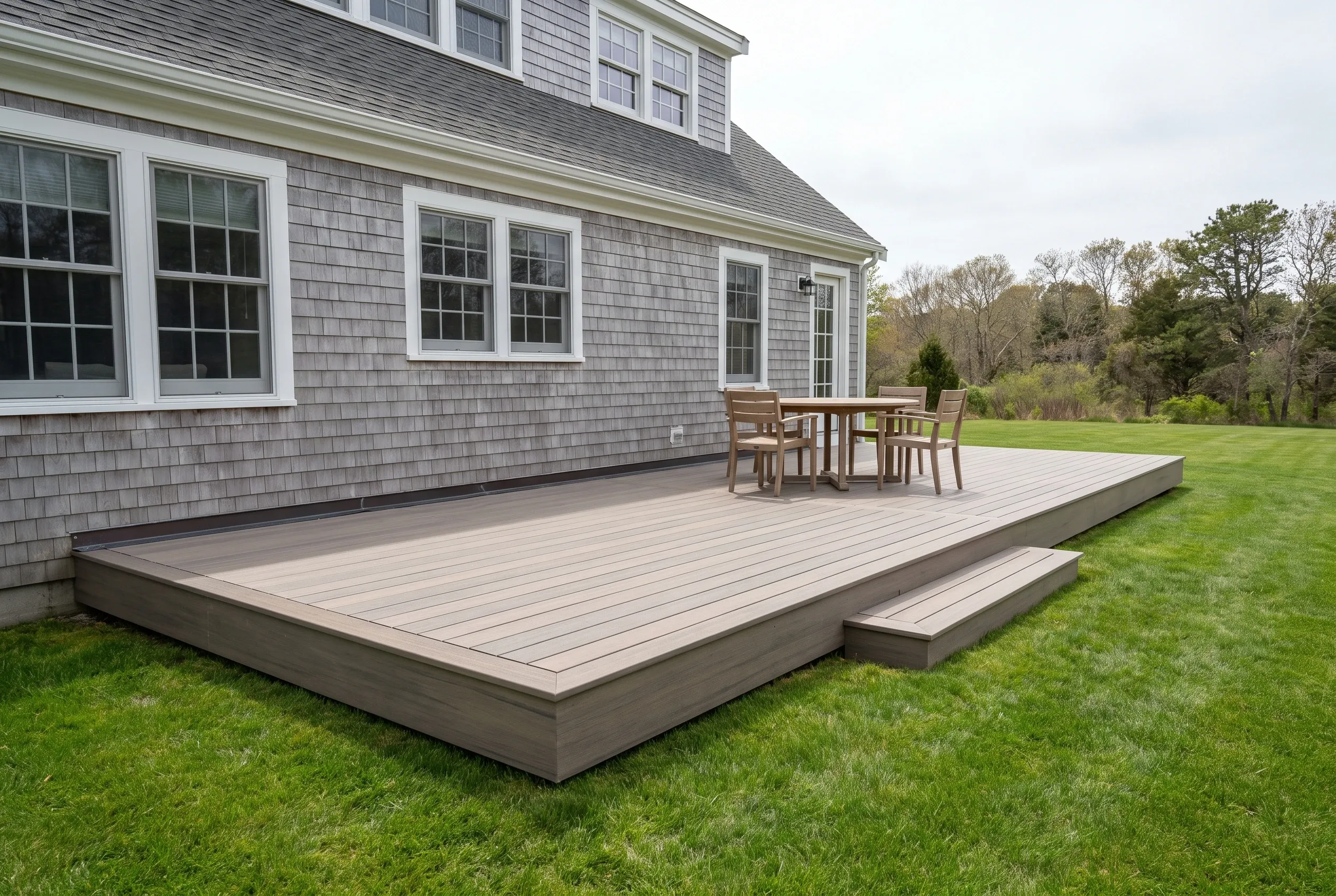 Deck builders in Lyman, ME: low gray deck along a shingled house with a dining table, chairs, and a single step to the lawn.