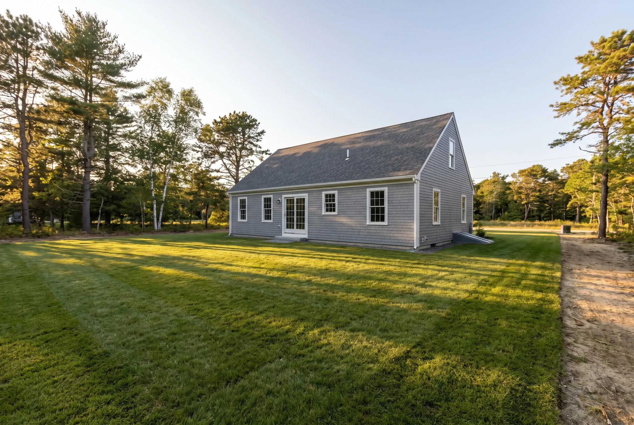 Gray single-story house on a wide mowed lawn with tall pines and a strip of bare soil along one side
