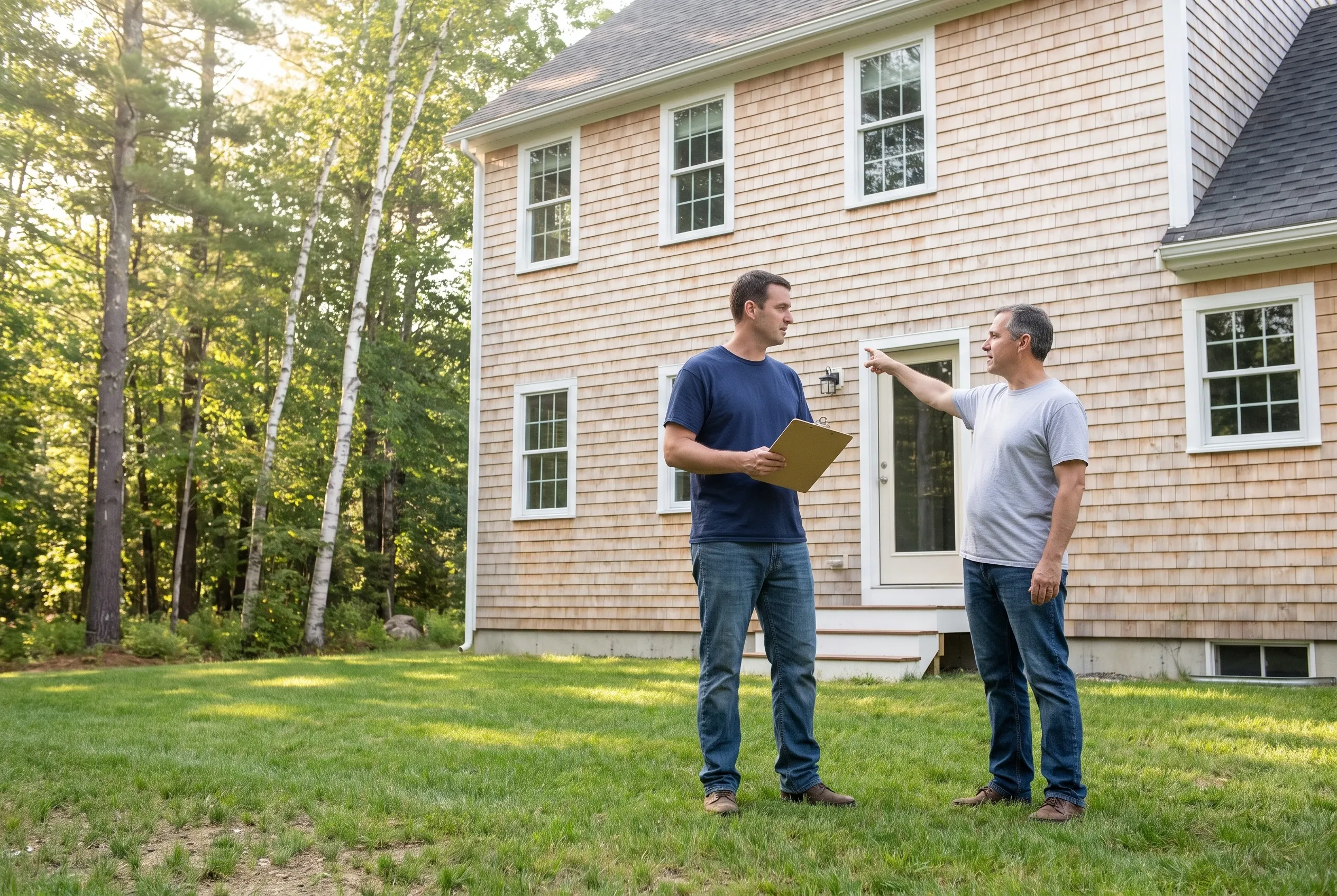 Two men talking on a lawn behind a cedar-shingled house, one holding a clipboard while the other points toward the house
