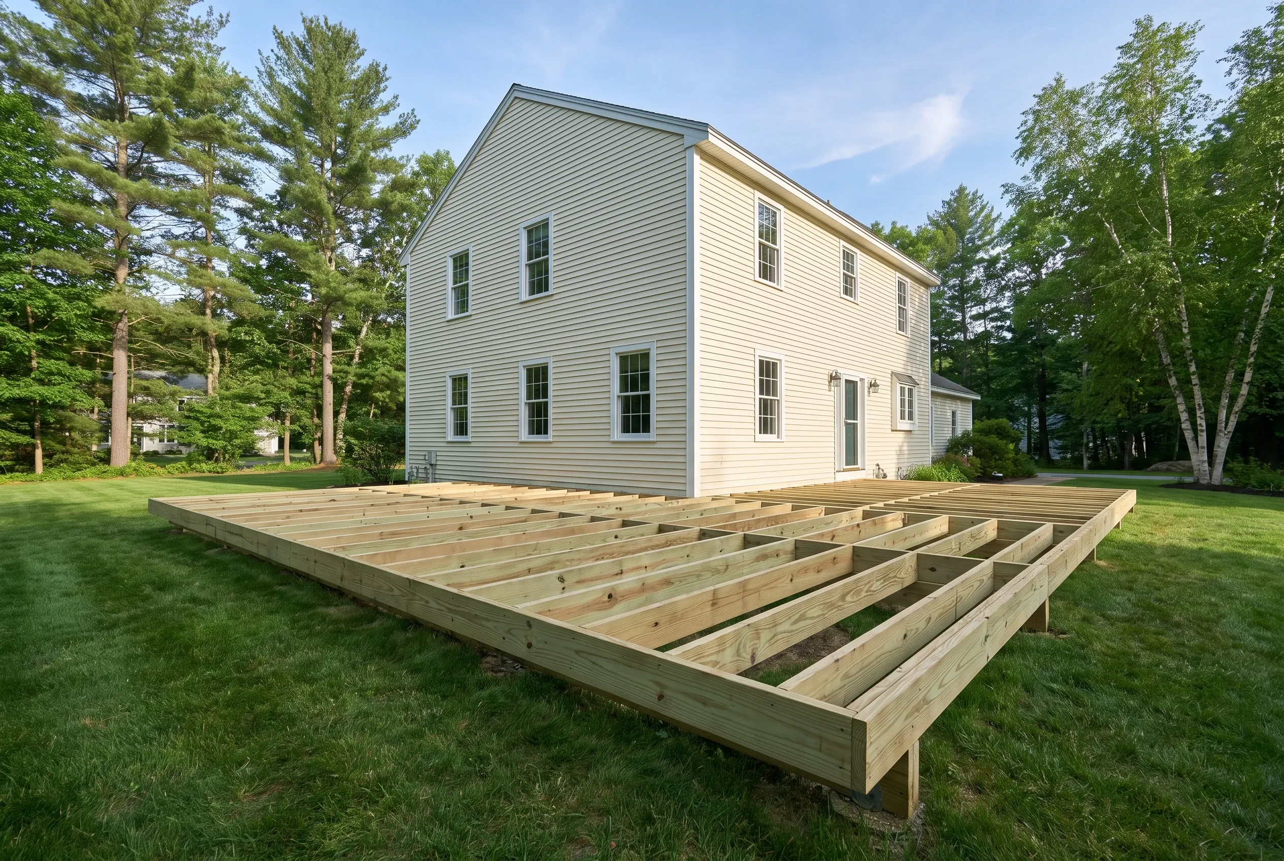 Unsheathed lumber deck frame with joists and blocking resting on a lawn behind a cream two-story house