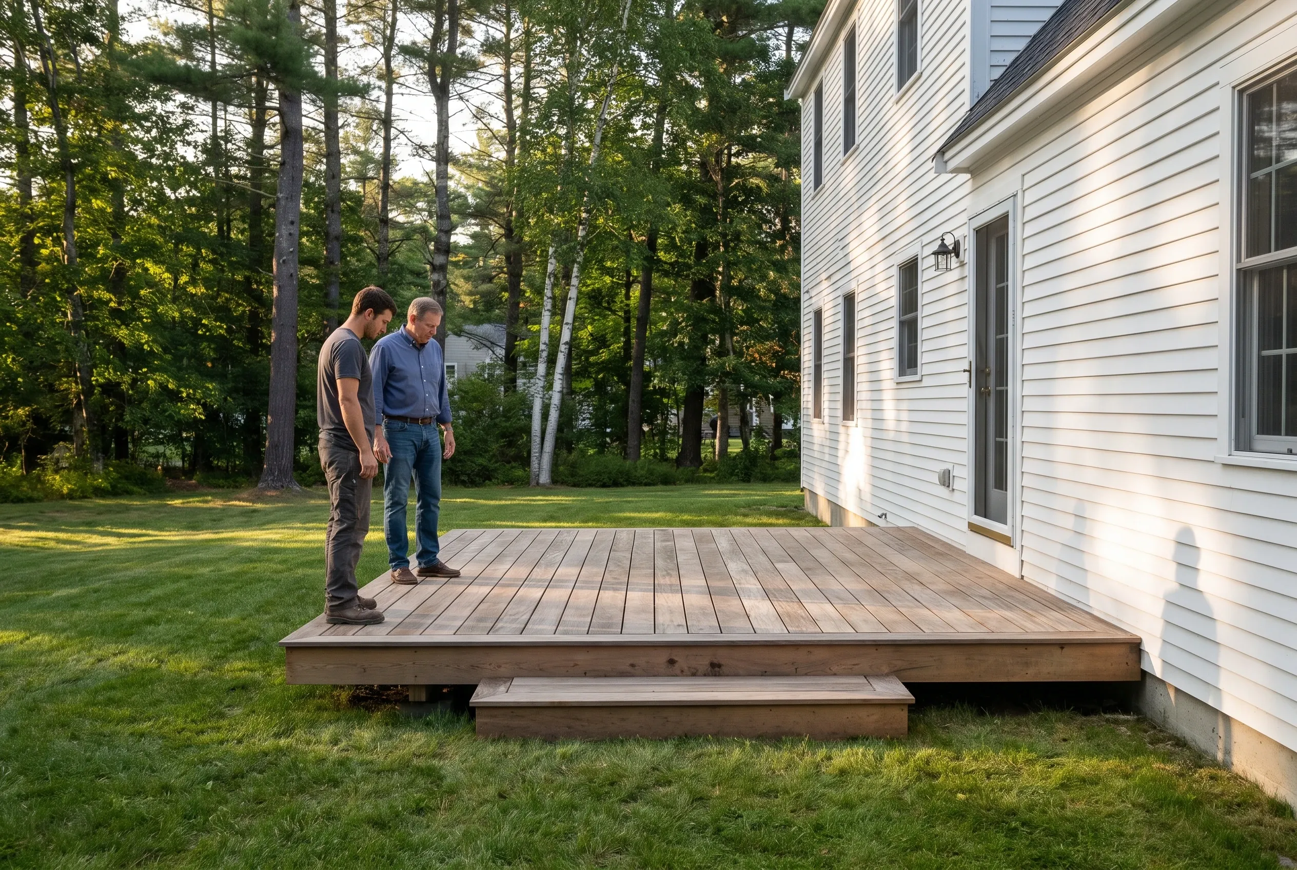 Two men stand on a low wood deck with a single step beside a white two-story house and lawn
