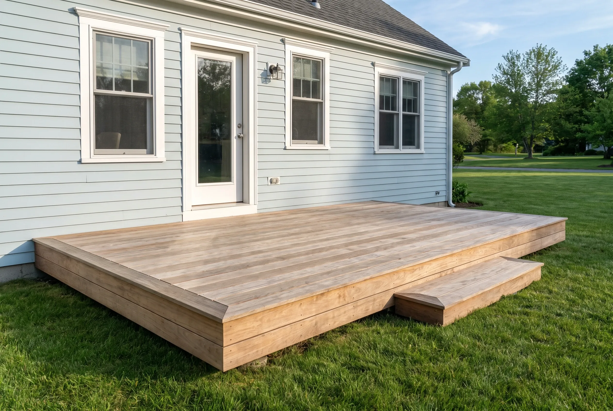 Low weathered wood deck with a single step on a lawn behind a light blue clapboard house with a glass door.