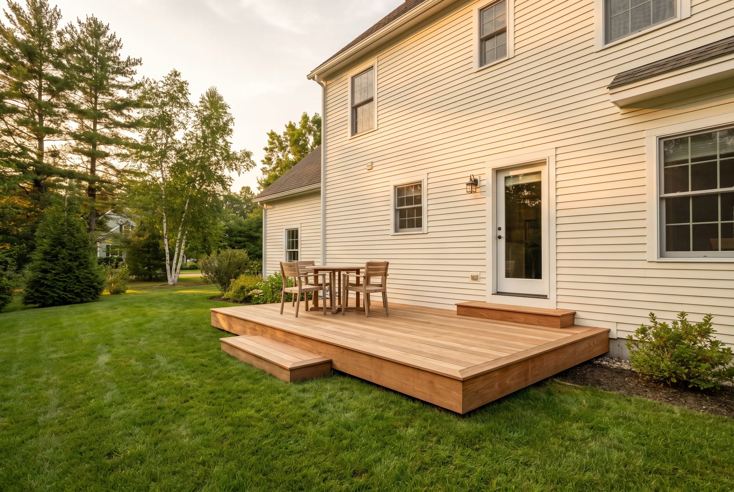 Low wood deck with a step behind a cream sided house, holding a small table and chairs near a back door