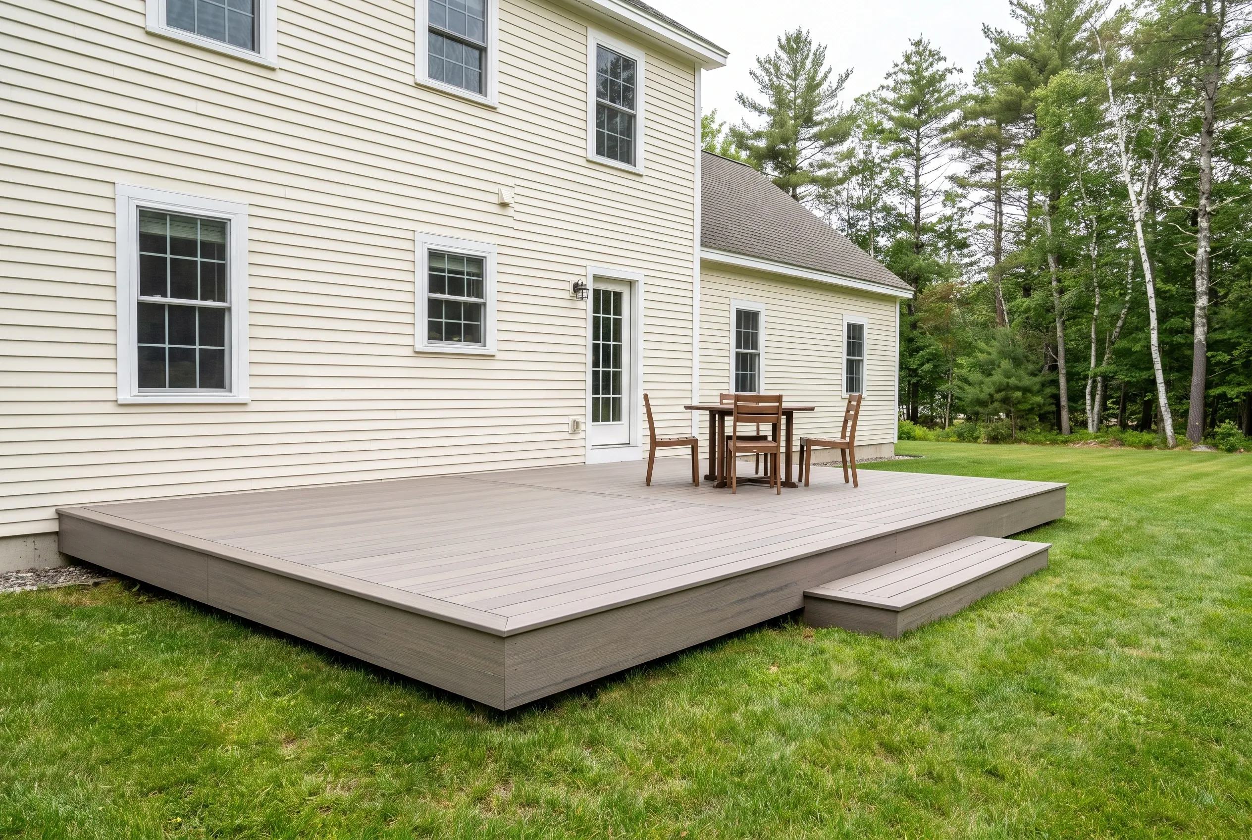 Deck builders in Naples, ME: low gray deck with a single step behind a white sided house, holding a wooden table and chairs