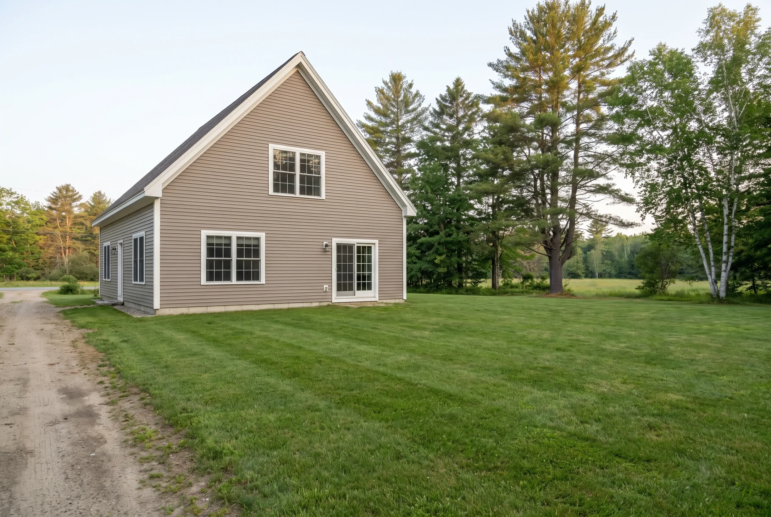 Tan two-story gable house on an open lawn with a dirt path at left and evergreen and birch trees behind