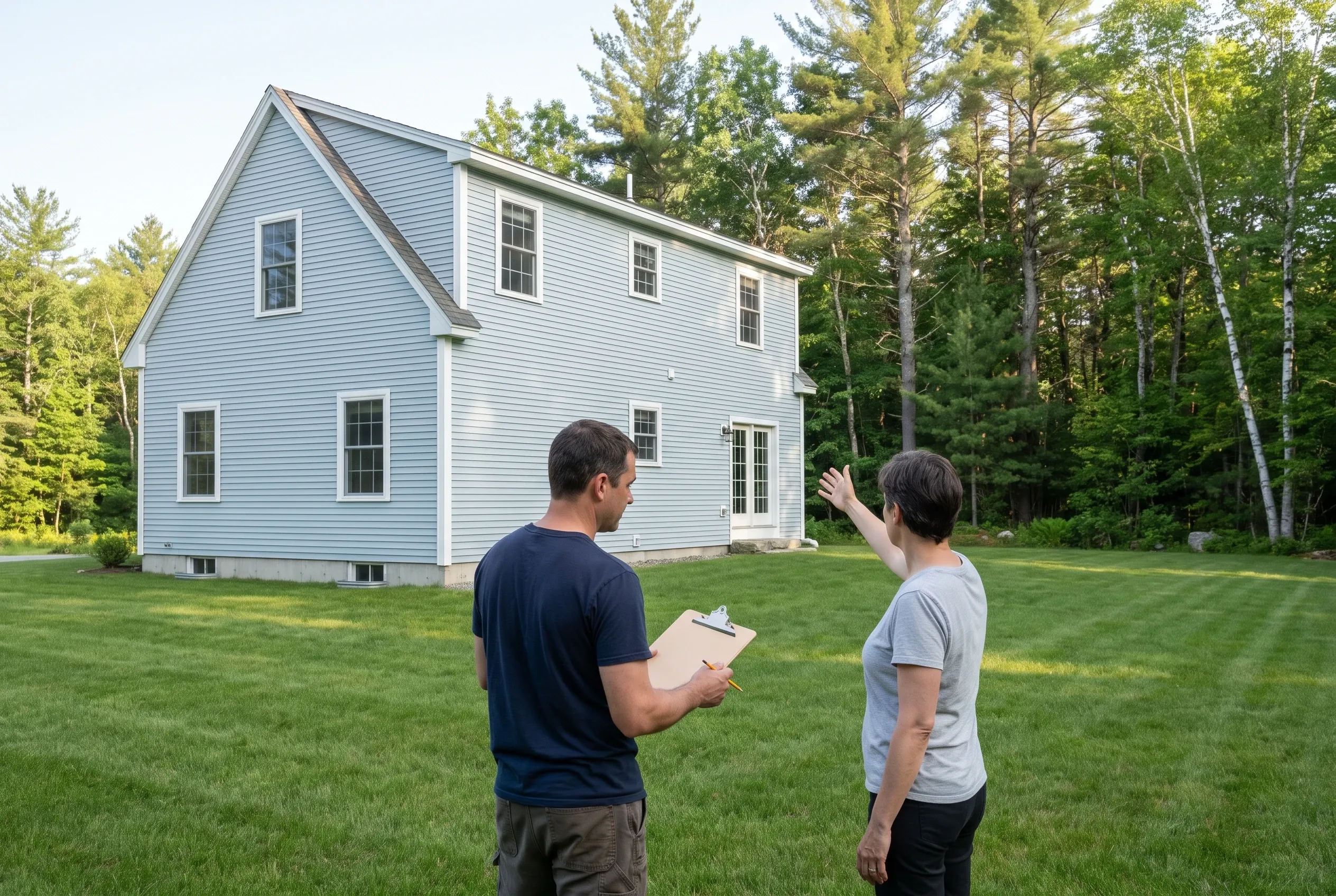 Man holding a clipboard and a woman pointing toward a light blue two-story house while standing together on a mowed lawn