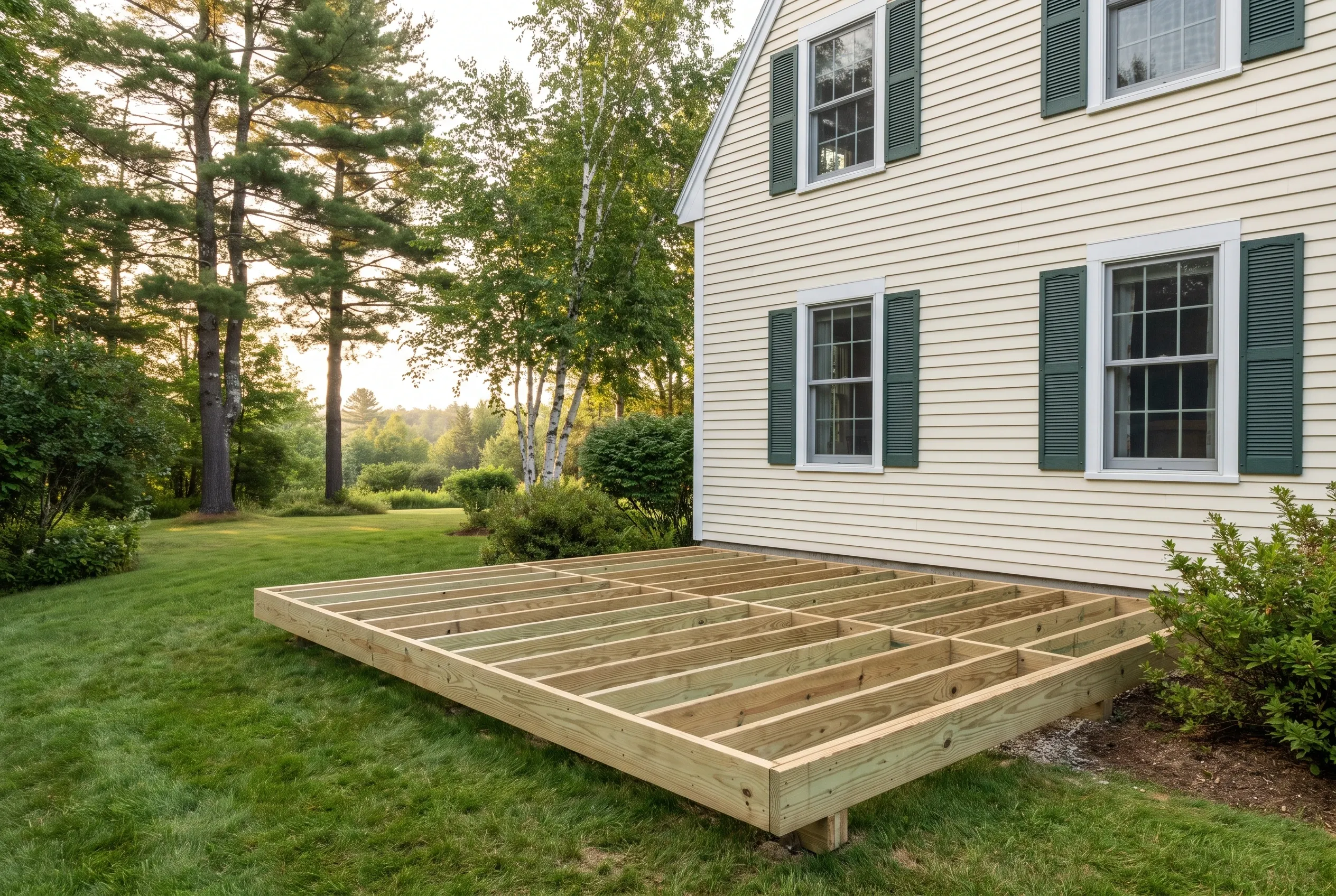 Undecked wood deck framing with joists resting on a lawn beside a cream house with dark green shutters