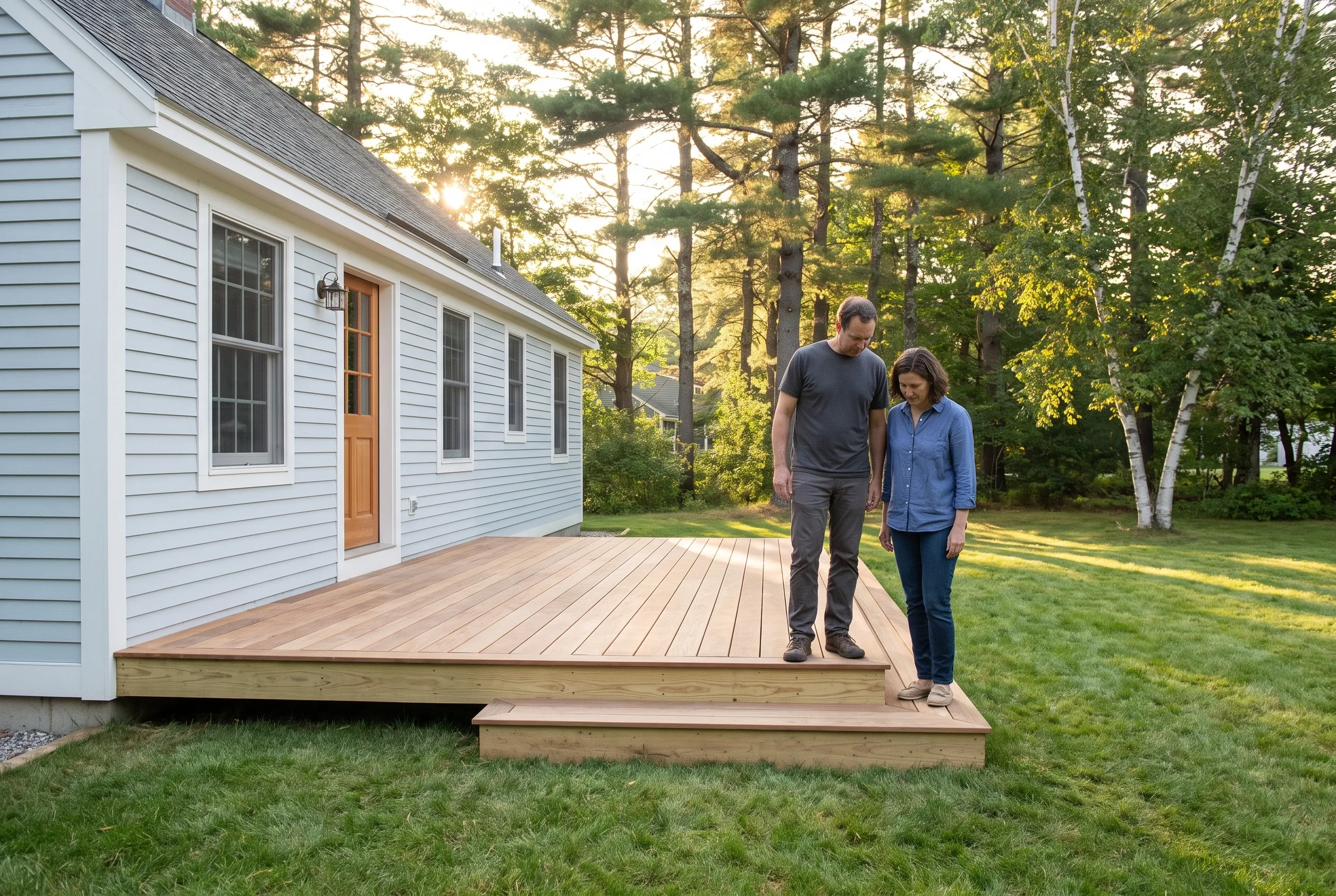Two people standing on a low wood deck with a wide step, looking down at the boards beside a light blue-gray house