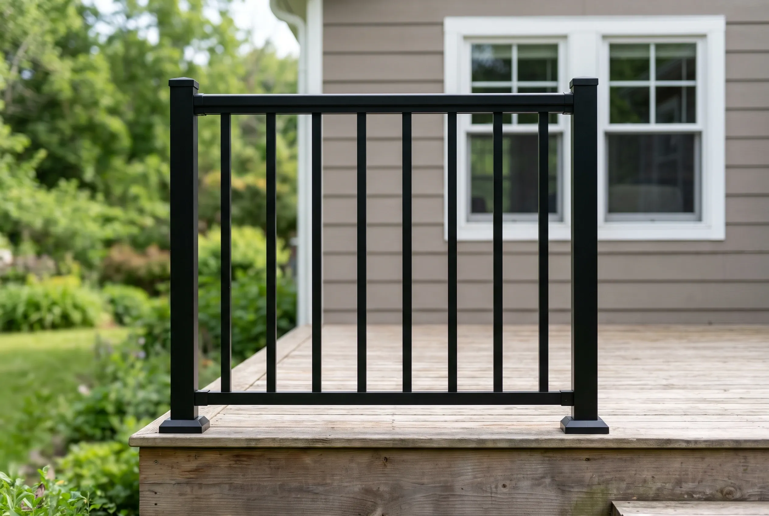 Black metal railing panel with vertical balusters mounted on a low weathered wood deck next to tan siding and windows