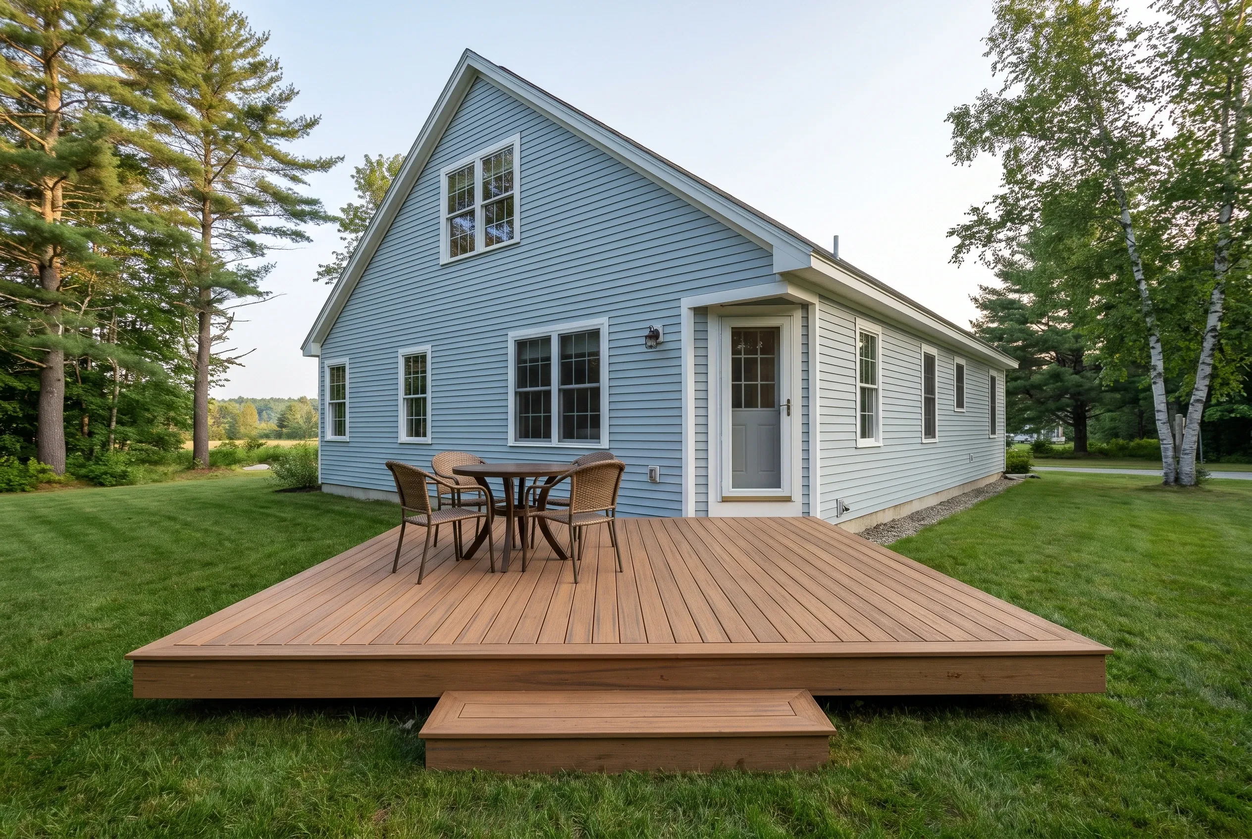 Low brown deck with a table, four chairs, and a wide step extending from a light blue house onto the lawn