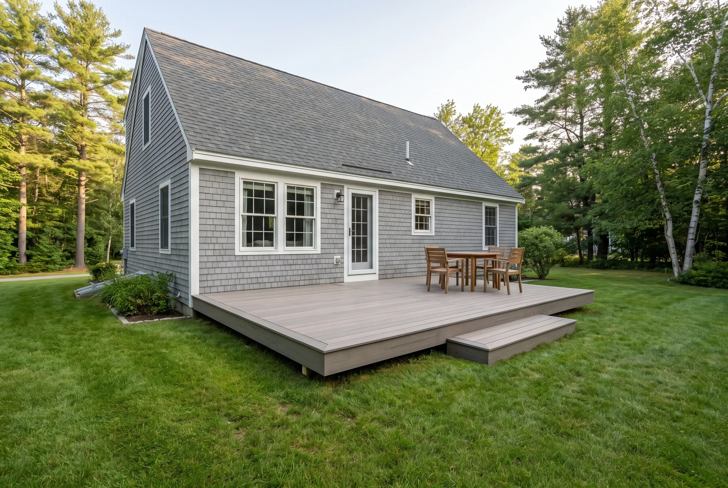 Deck builders in New Gloucester, ME: low gray deck with table, chairs, and a single step behind a gray shingled house