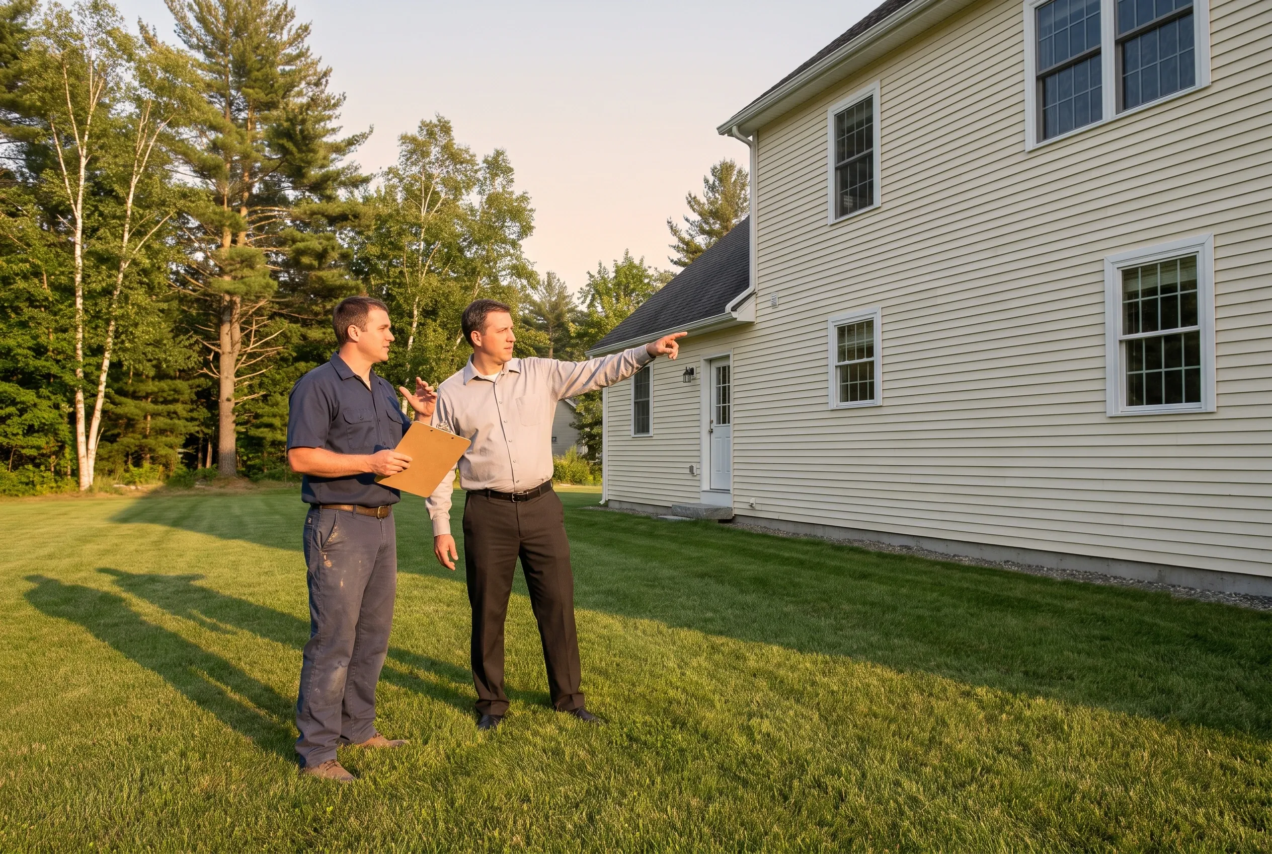 Two men stand on a lawn beside a two-story cream house, one holding a clipboard while the other points toward the house