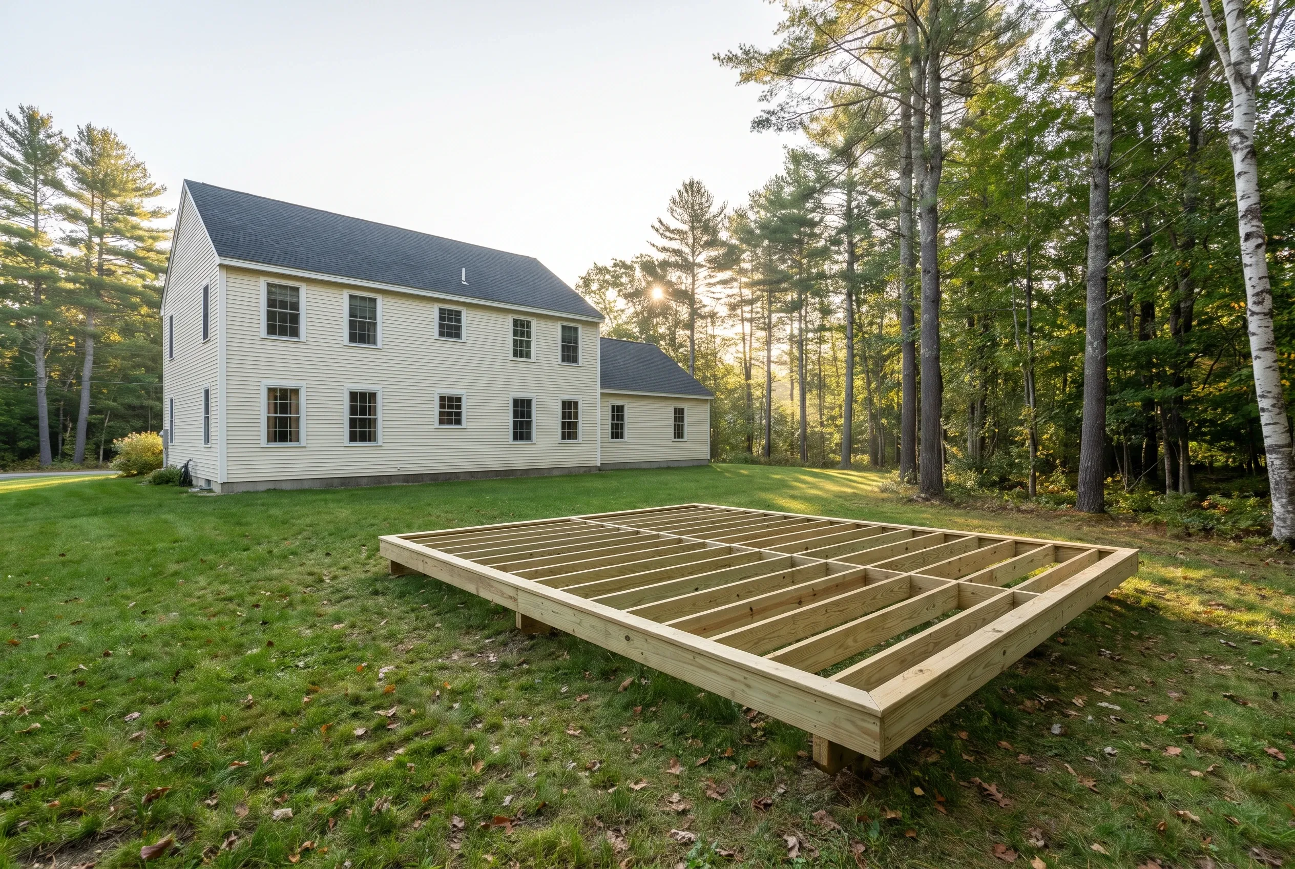 Unfinished wooden deck frame of joists and rim boards resting on a grassy yard behind a cream two-story house with trees