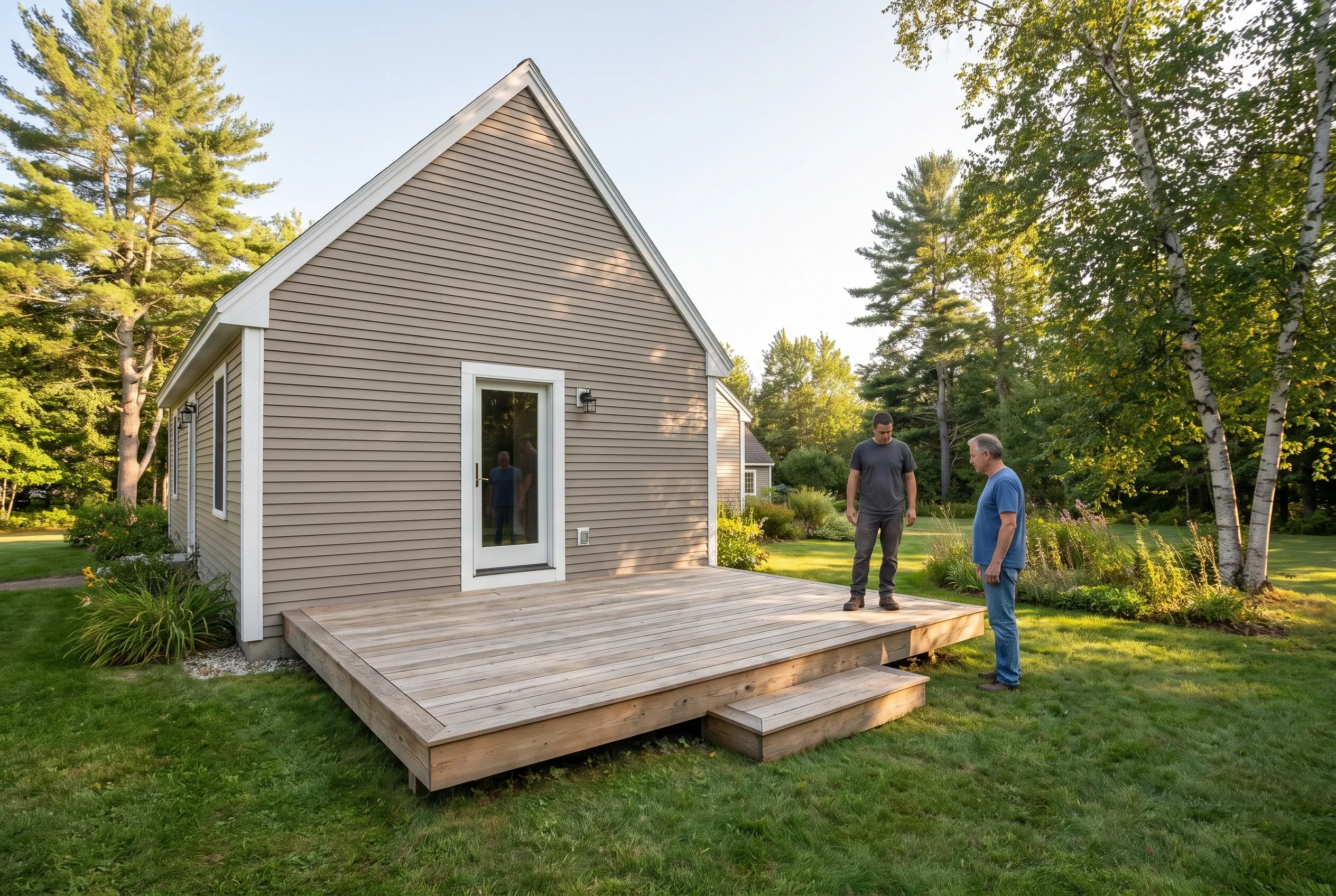 Two men on and beside a low finished wooden deck with a single step outside a taupe house's rear door