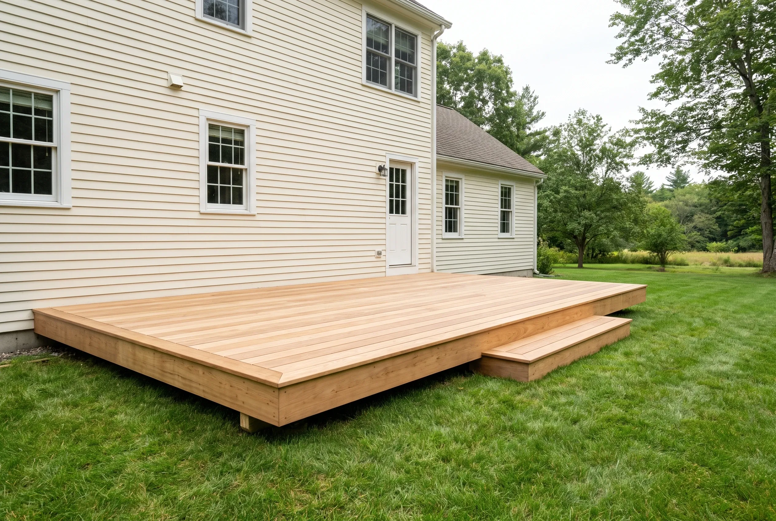 Low wood platform deck with one step on grass beside a white clapboard house, mature trees in the background.