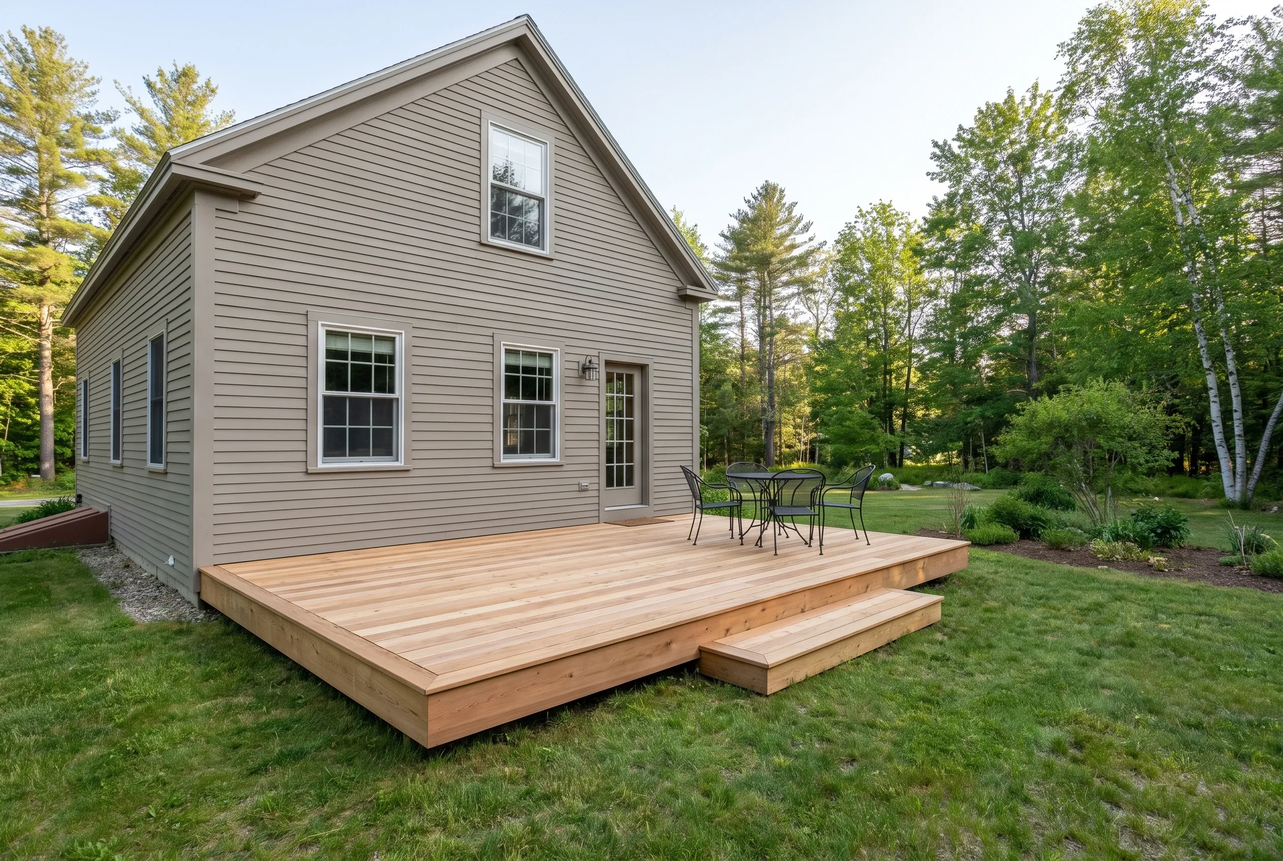 Low wood deck with a step and a metal table and chairs behind a tan two-story house surrounded by lawn