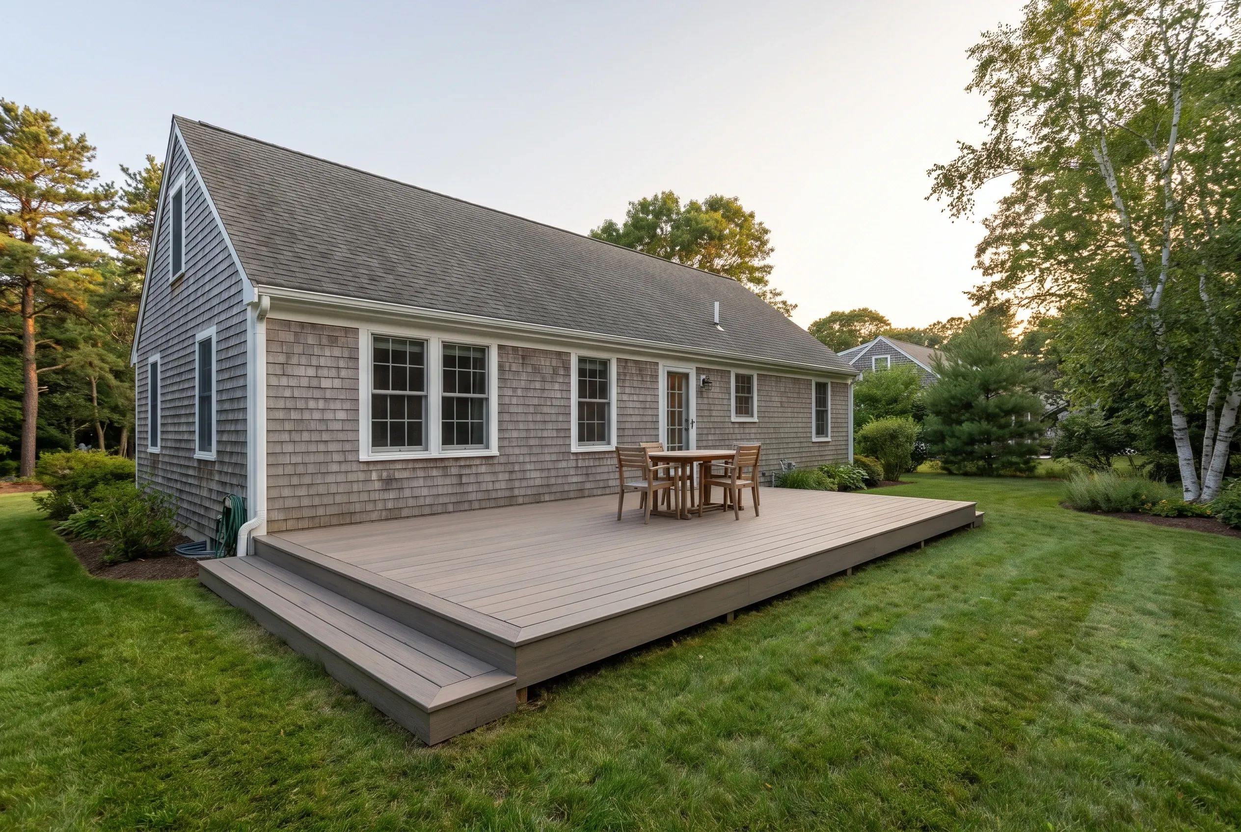 Deck builders in Newfield, ME: low gray-brown deck with a perimeter step and a table set behind a shingled cape house