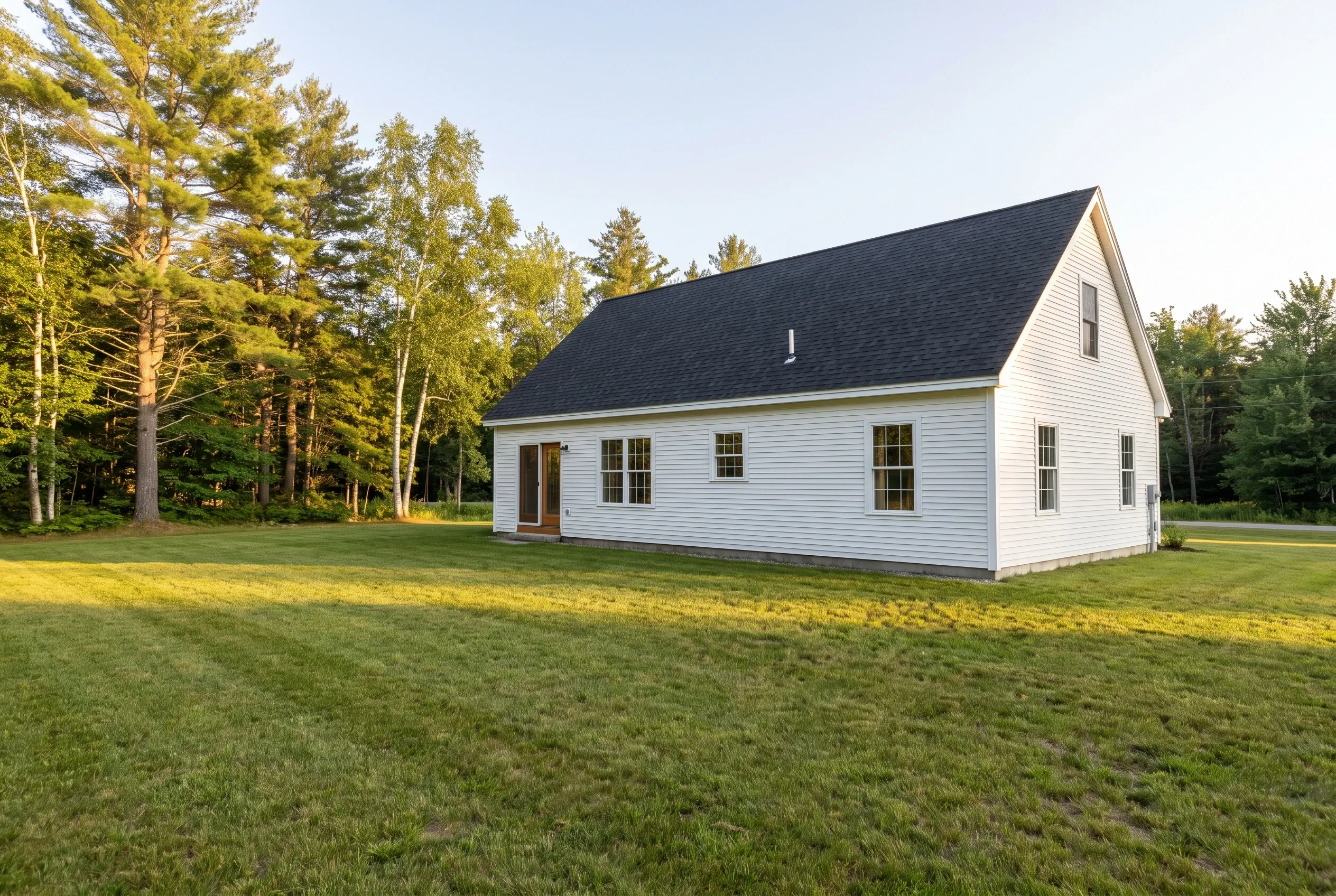 Open mowed lawn behind a white one-story house with a dark roof, surrounded by pine and birch trees