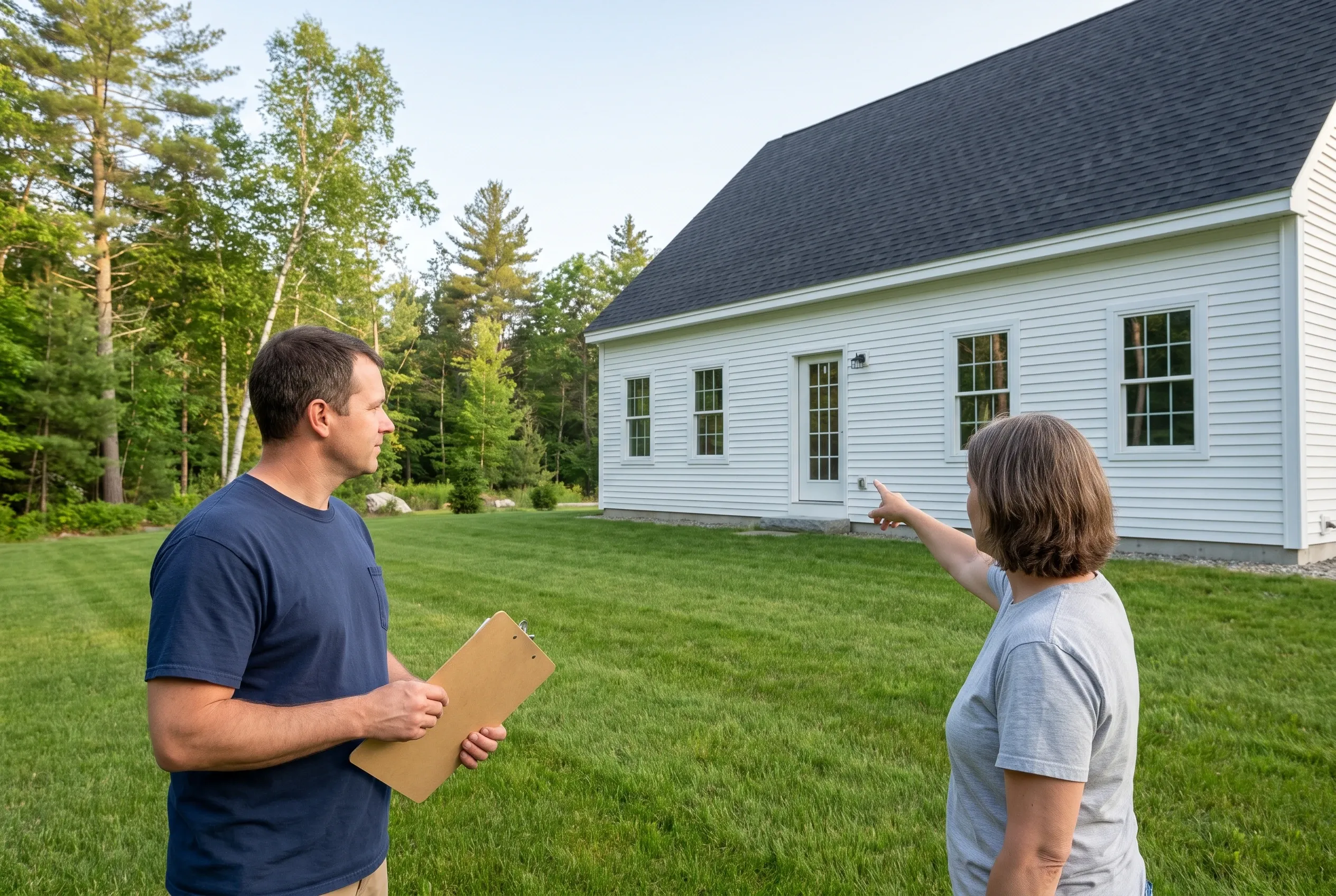 Man holding a clipboard listens as a woman points toward the back of a white house across a grassy yard