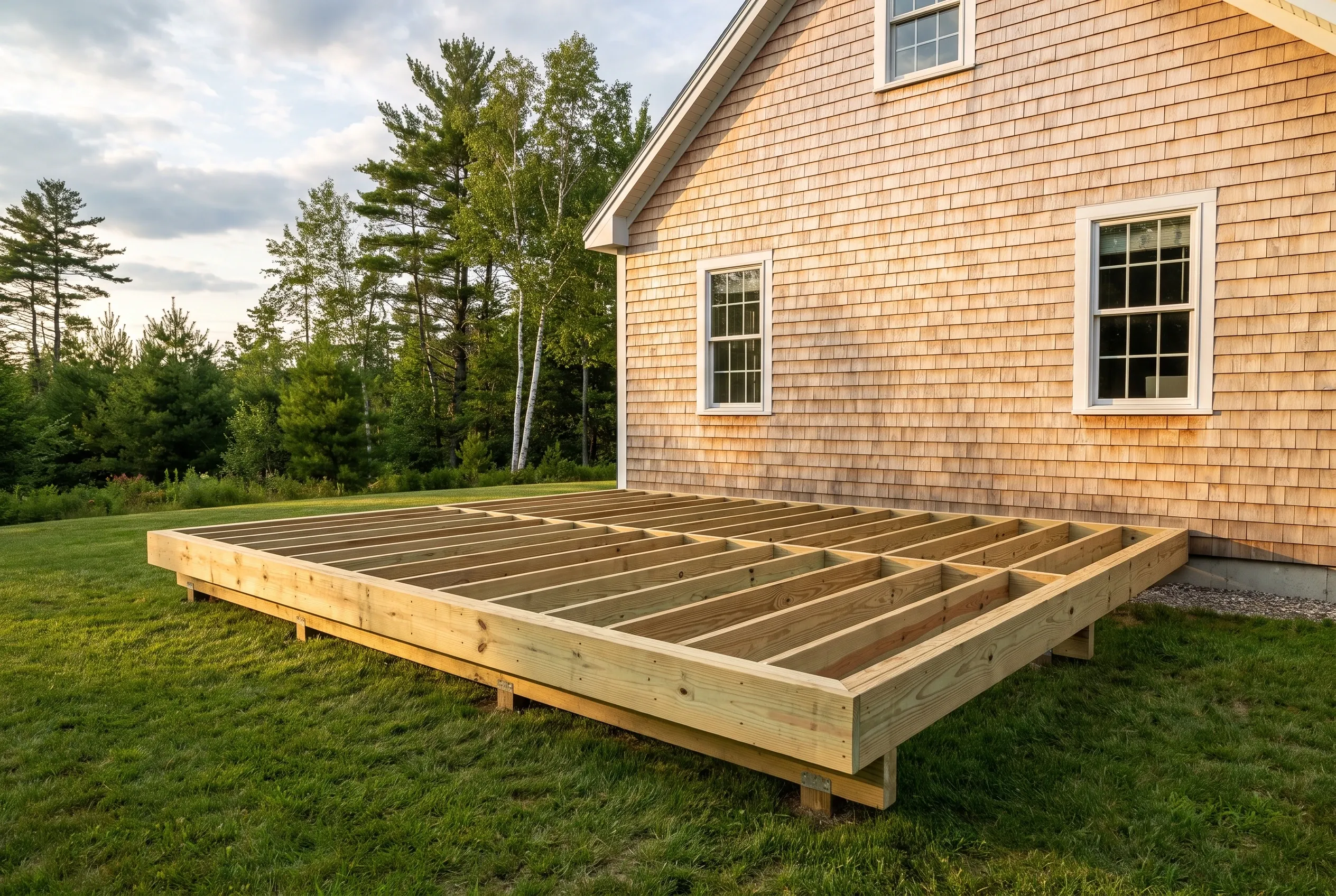 Undecked wood deck framing with joists and perimeter boards on the lawn beside a cedar-shingled house