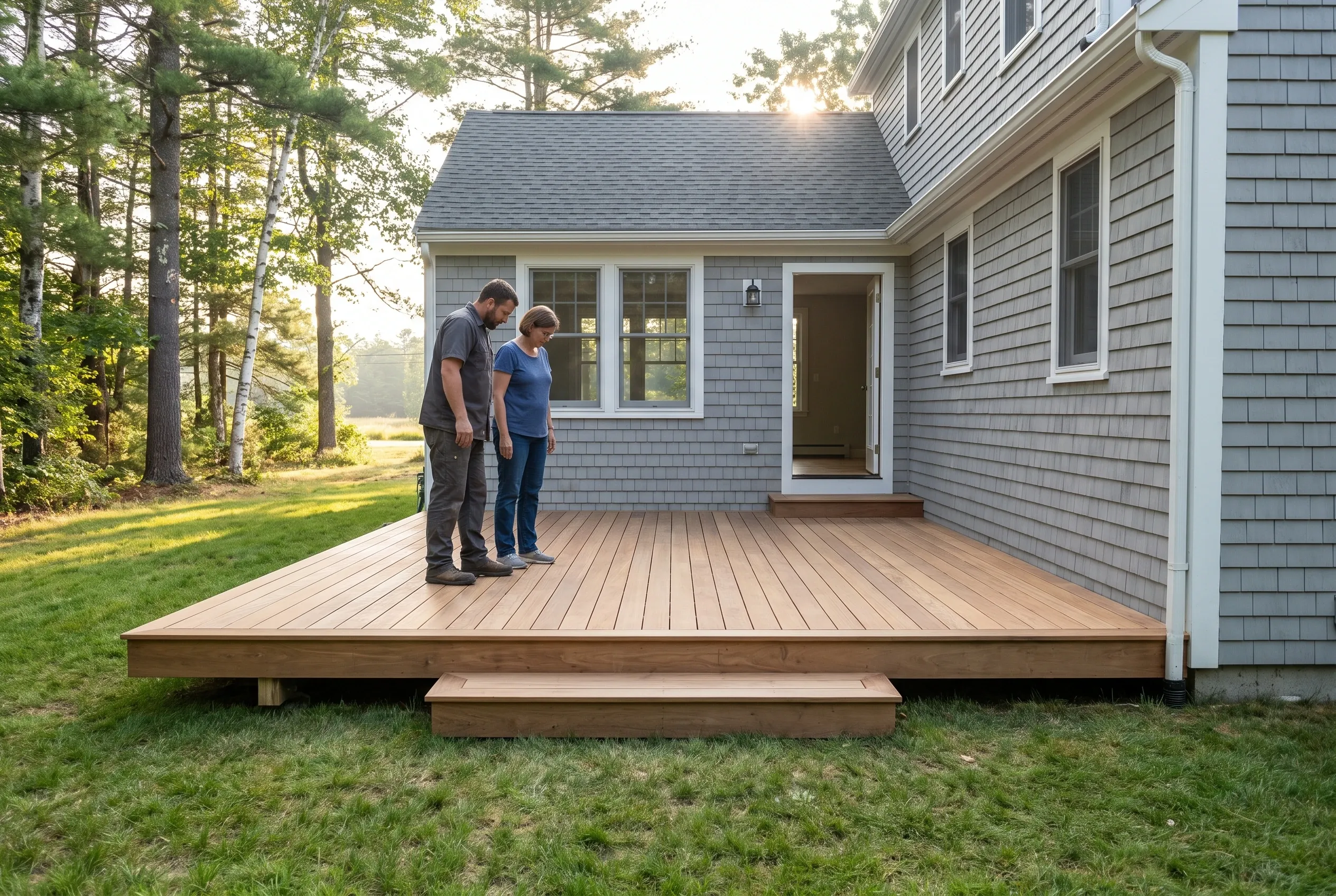 Two people stand on a finished low wood deck with a wide step beside a gray shingled house and lawn