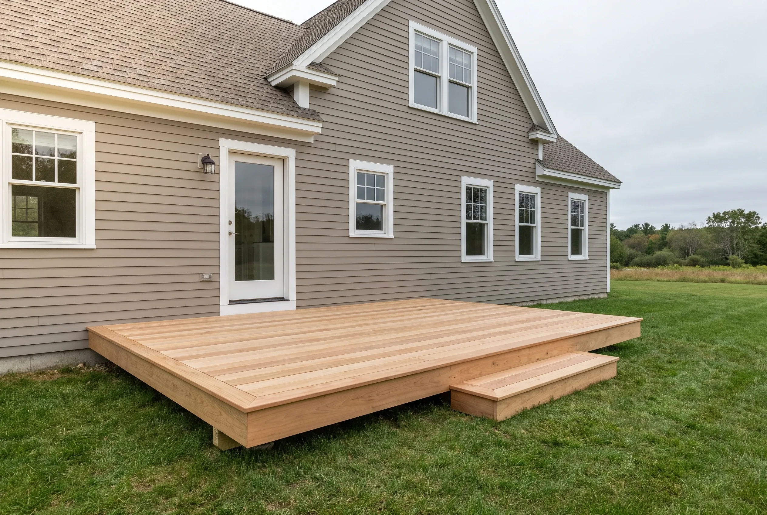 Low wood deck with a single step below a glass door on a taupe clapboard house, open field behind.