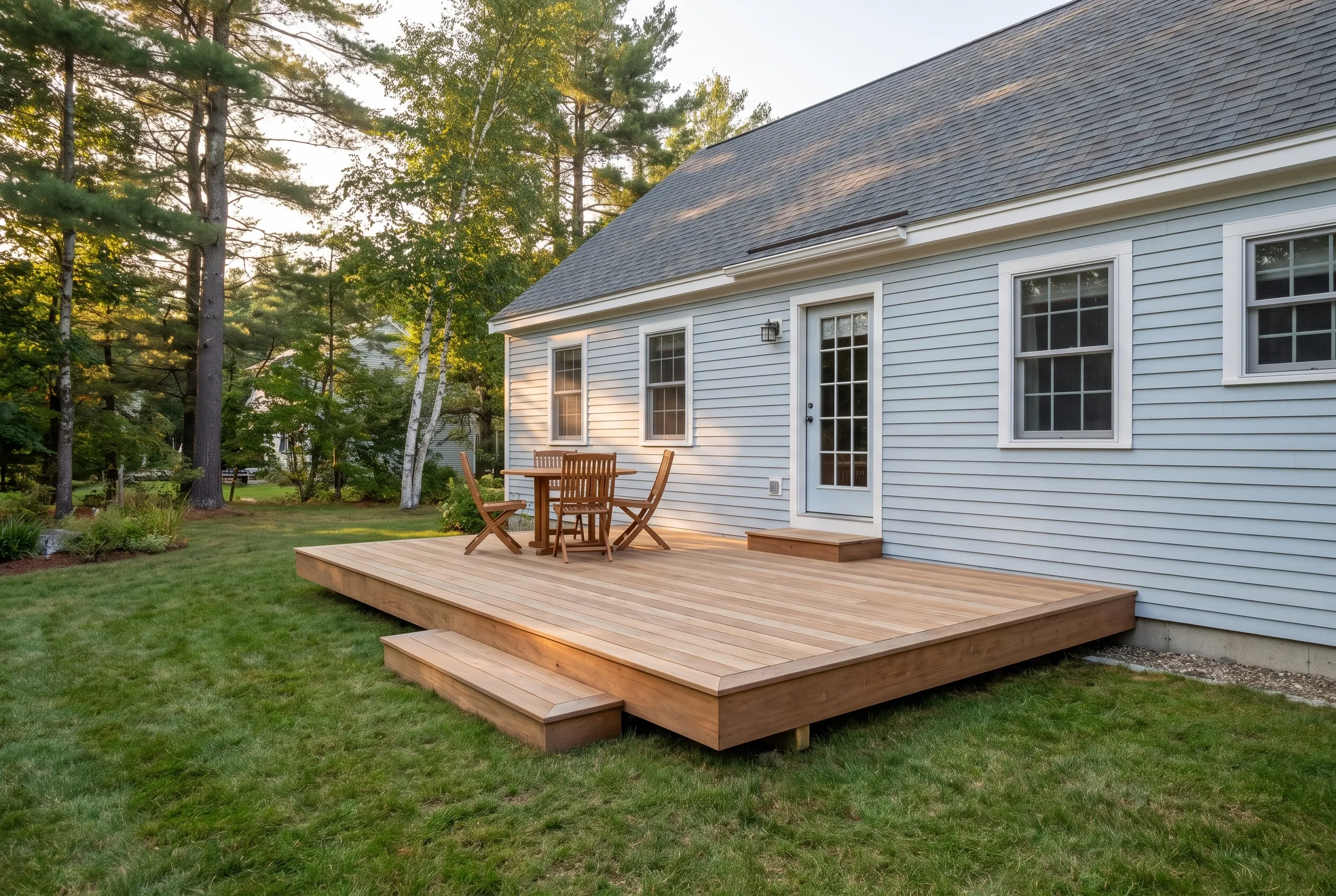 Low brown wood deck with a step and outdoor table and chairs behind a light blue sided house