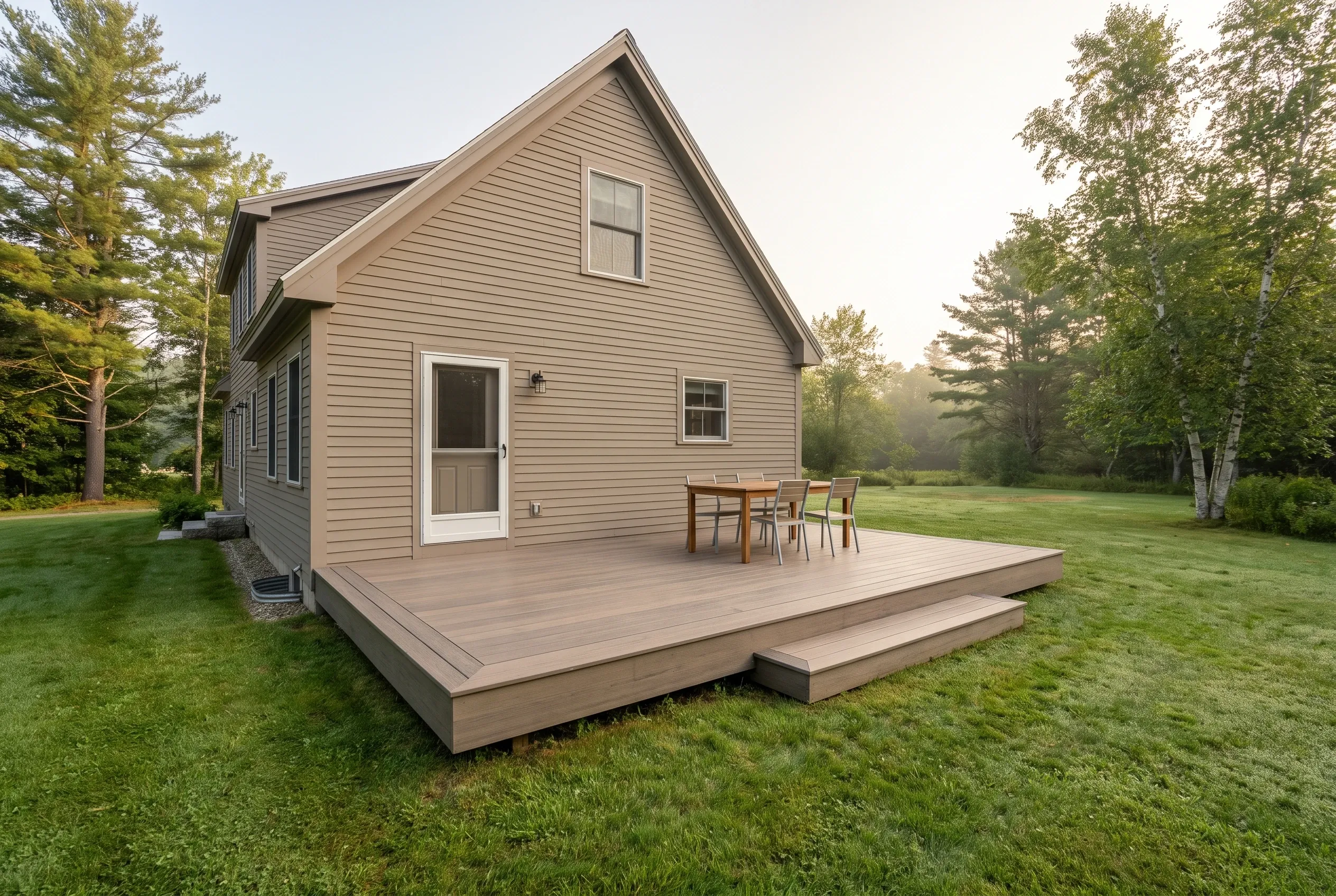 Deck builders in North Berwick, ME: low gray-board deck with a step and table set beside a tan sided house