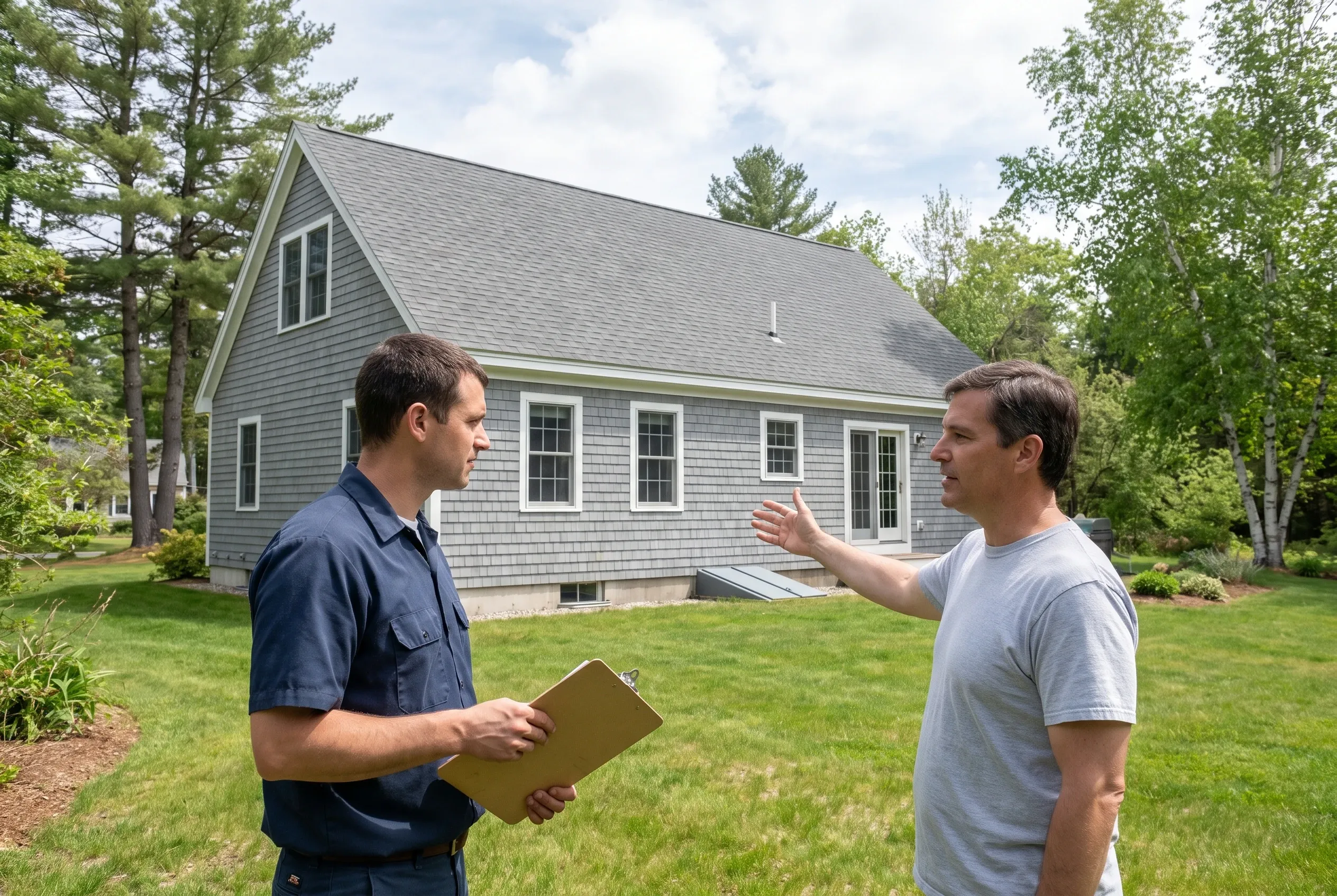 Man holding a clipboard talks with a homeowner gesturing toward a gray sided house across a backyard lawn