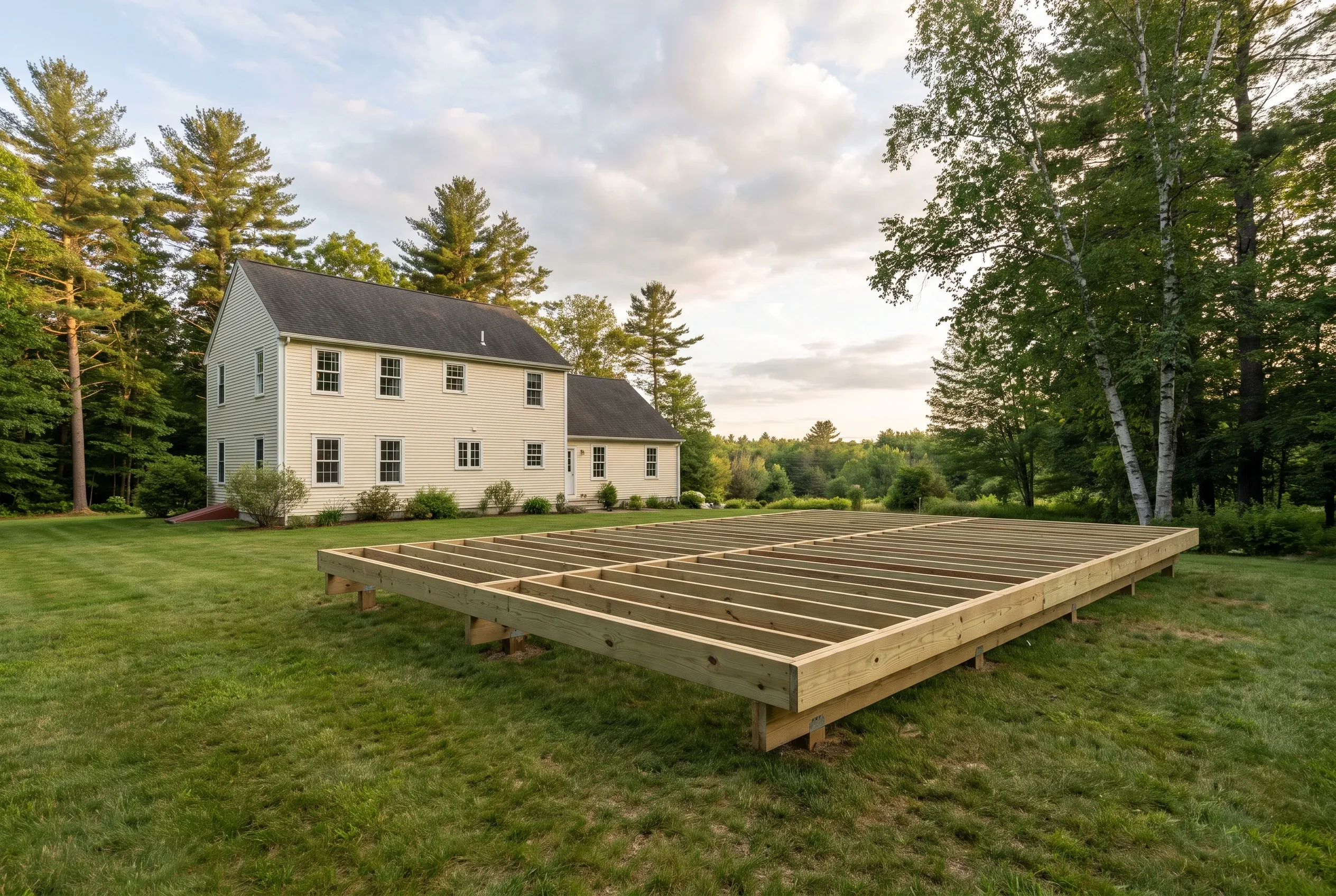 Undecked wood deck framing with exposed joists set low on a lawn, with a cream house and trees behind