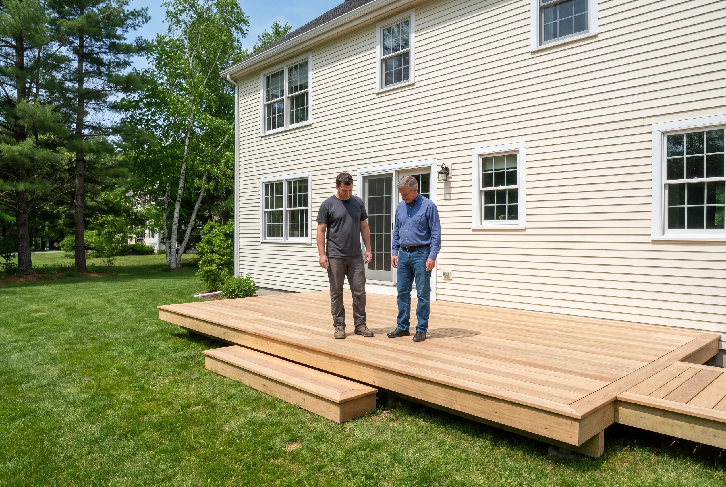 Two men stand on a finished low wood deck with steps behind a white two-story house with lawn