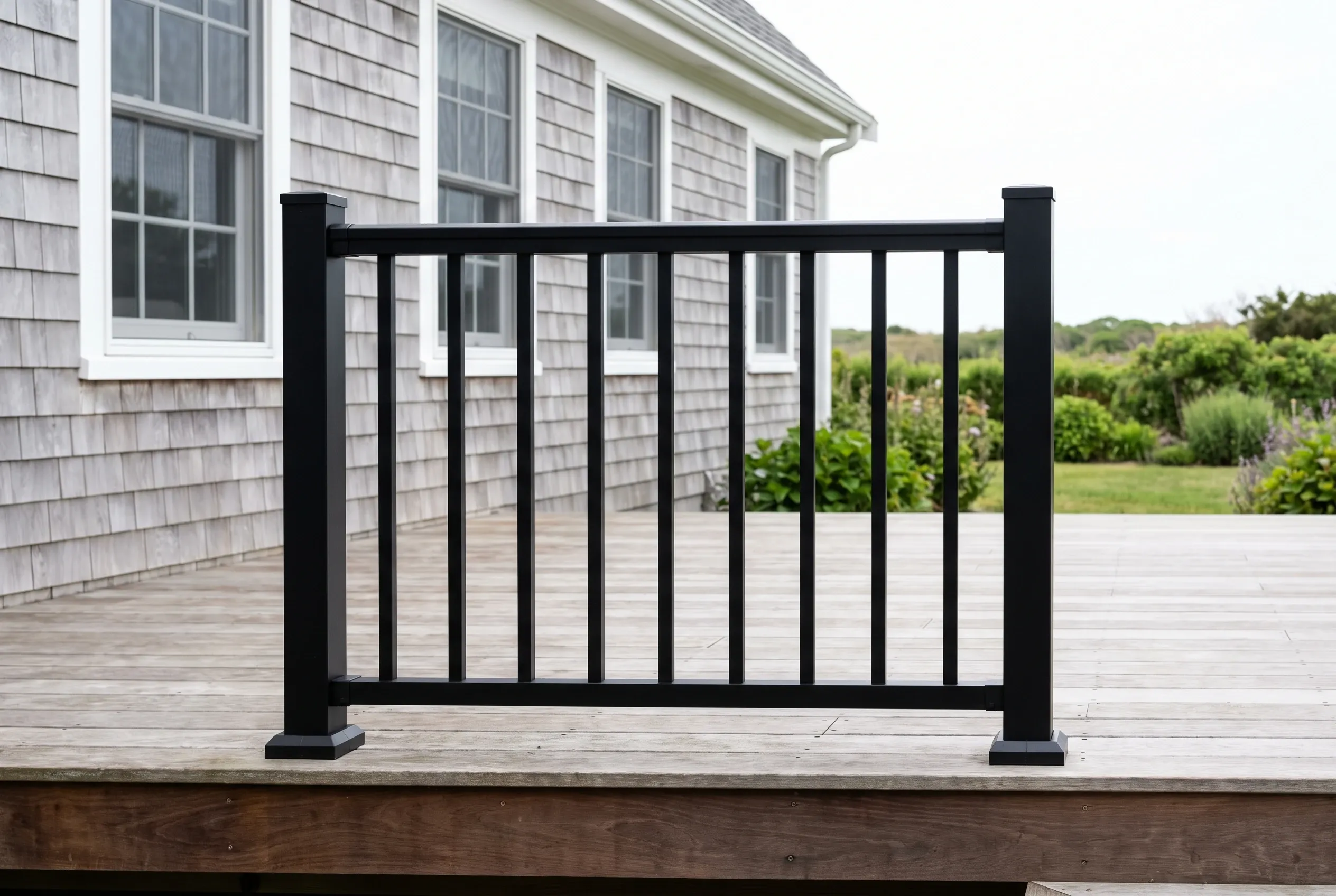 Close view of a black metal railing section with vertical balusters mounted on a weathered gray wood deck beside a shingled house