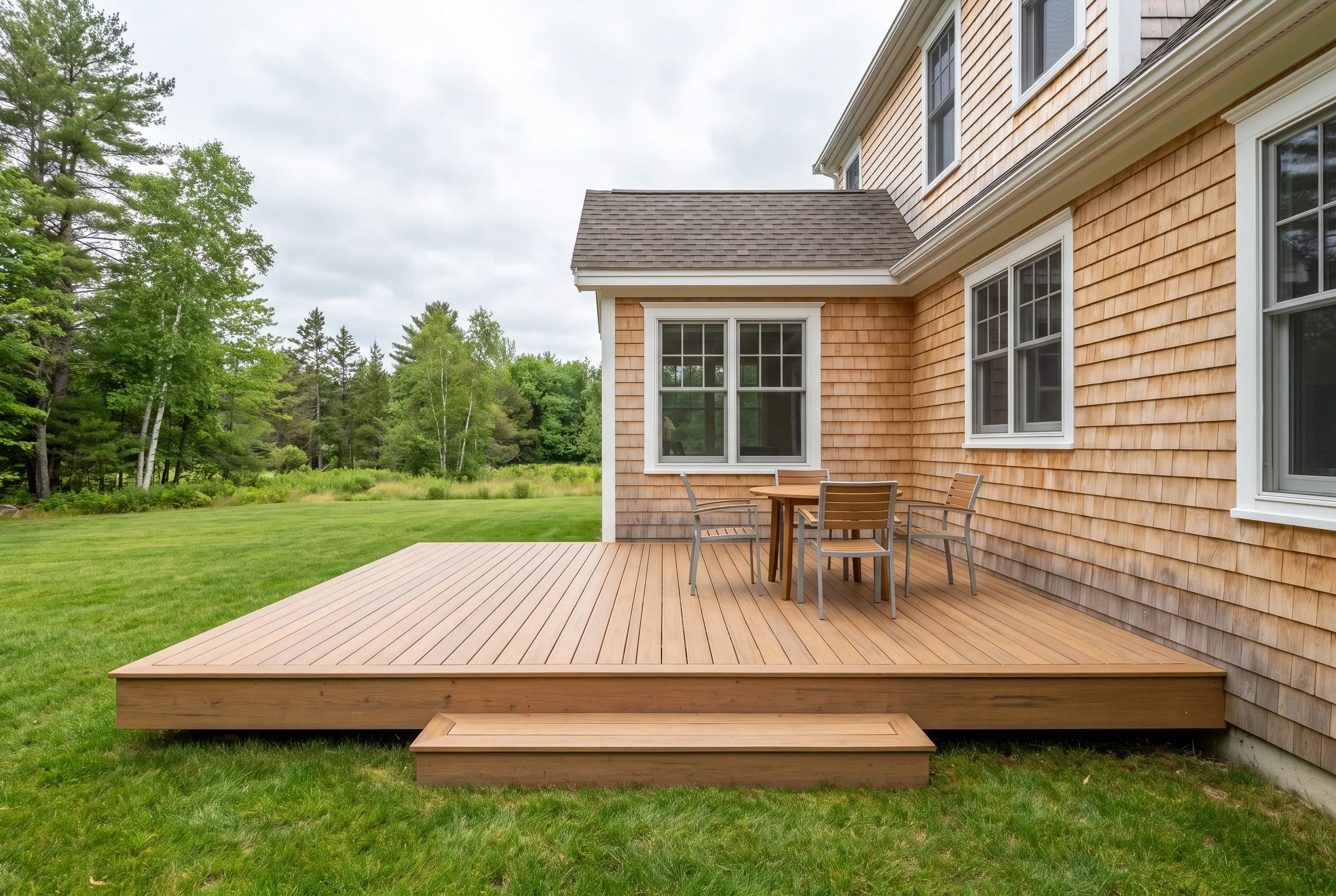 Low light-brown deck with a wide step, table, and chairs beside a cedar-shingled house overlooking a grassy field