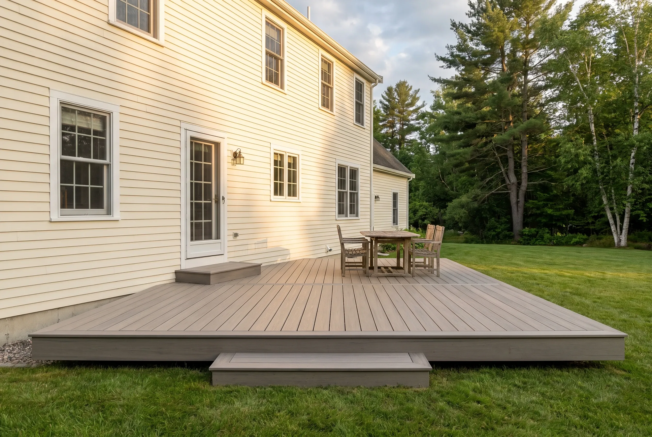 Deck builders in North Yarmouth, ME: low gray-brown deck with a front step, table, and chairs behind a cream two-story house