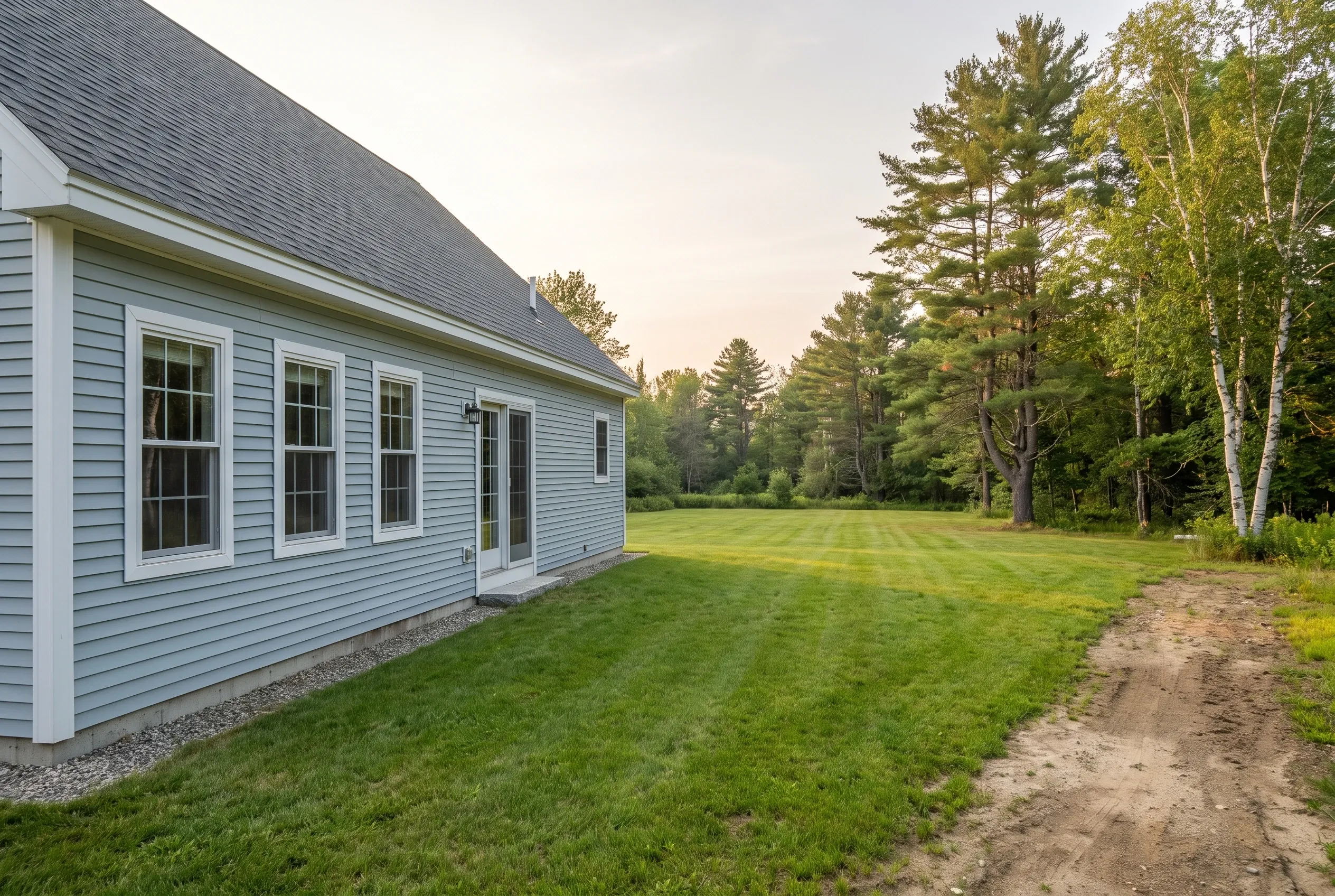 Side of a light-blue house with a rear door facing an open lawn, a dirt path, and tall pine and birch trees